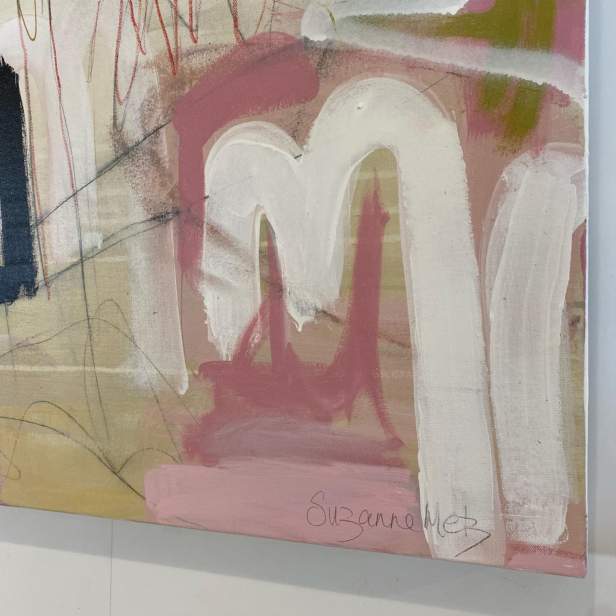 Creating Tension, abstraktes Gemälde in Mischtechnik auf Leinwand, weiches Rosa, Beige  im Angebot 2