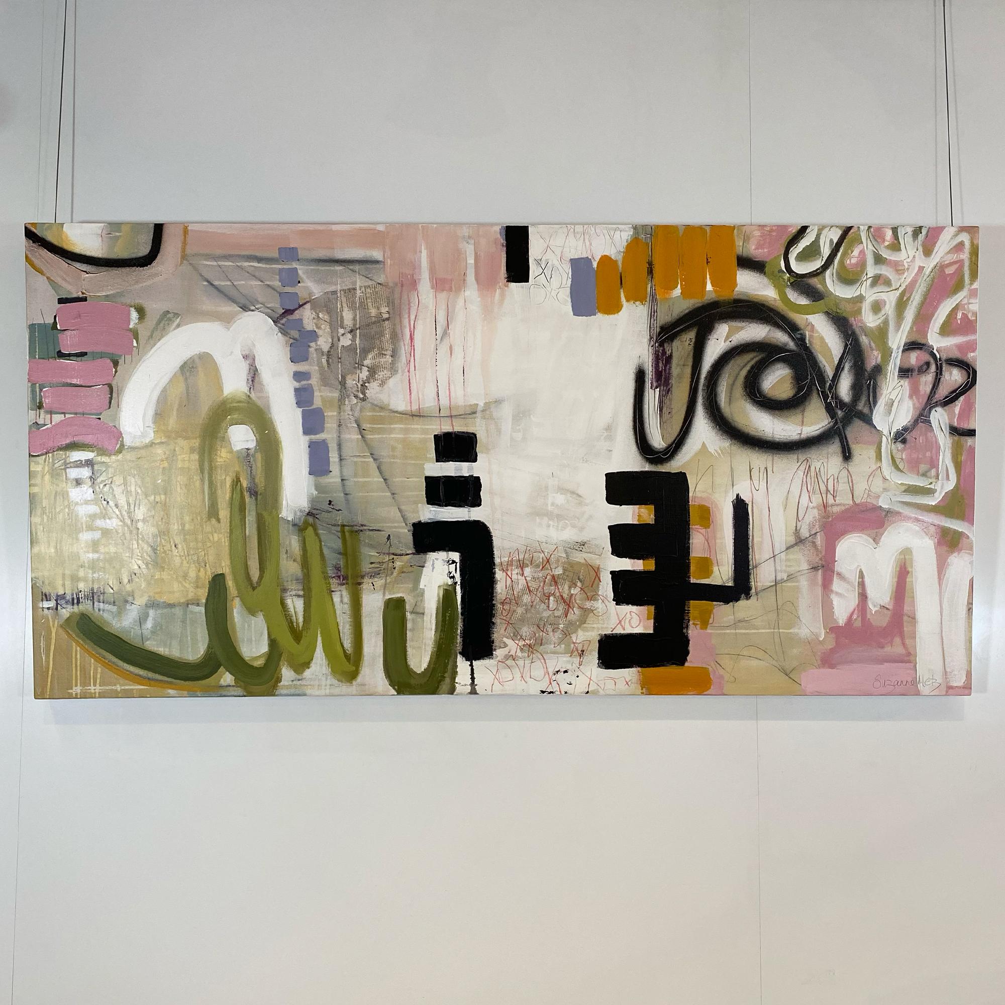 Suzanne Metz Abstract Painting – Creating Tension, abstraktes Gemälde in Mischtechnik auf Leinwand, weiches Rosa, Beige 