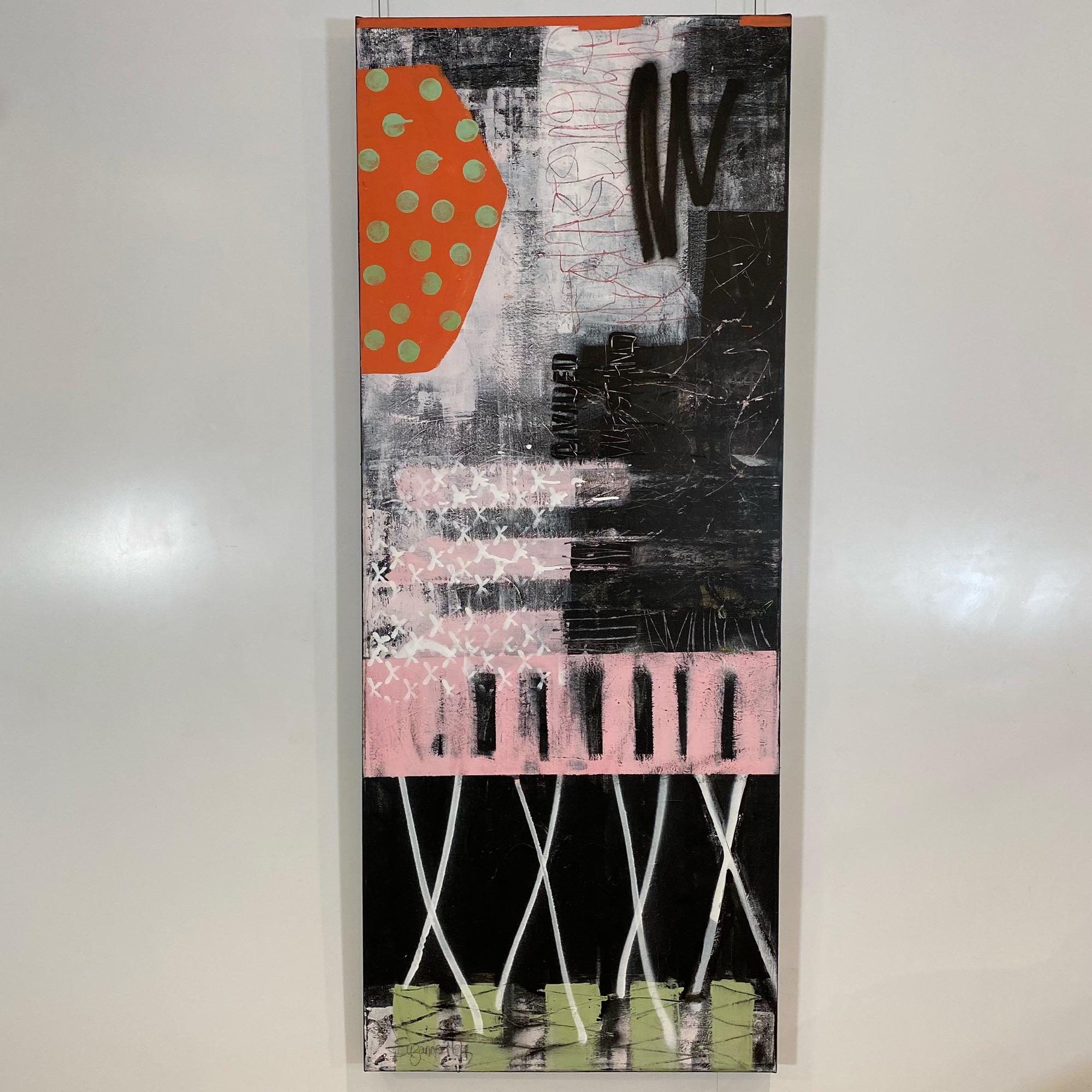 Suzanne Metz Abstract Painting - Divided, 60" x 24", graphic black, white and pink abstract painting on canvas