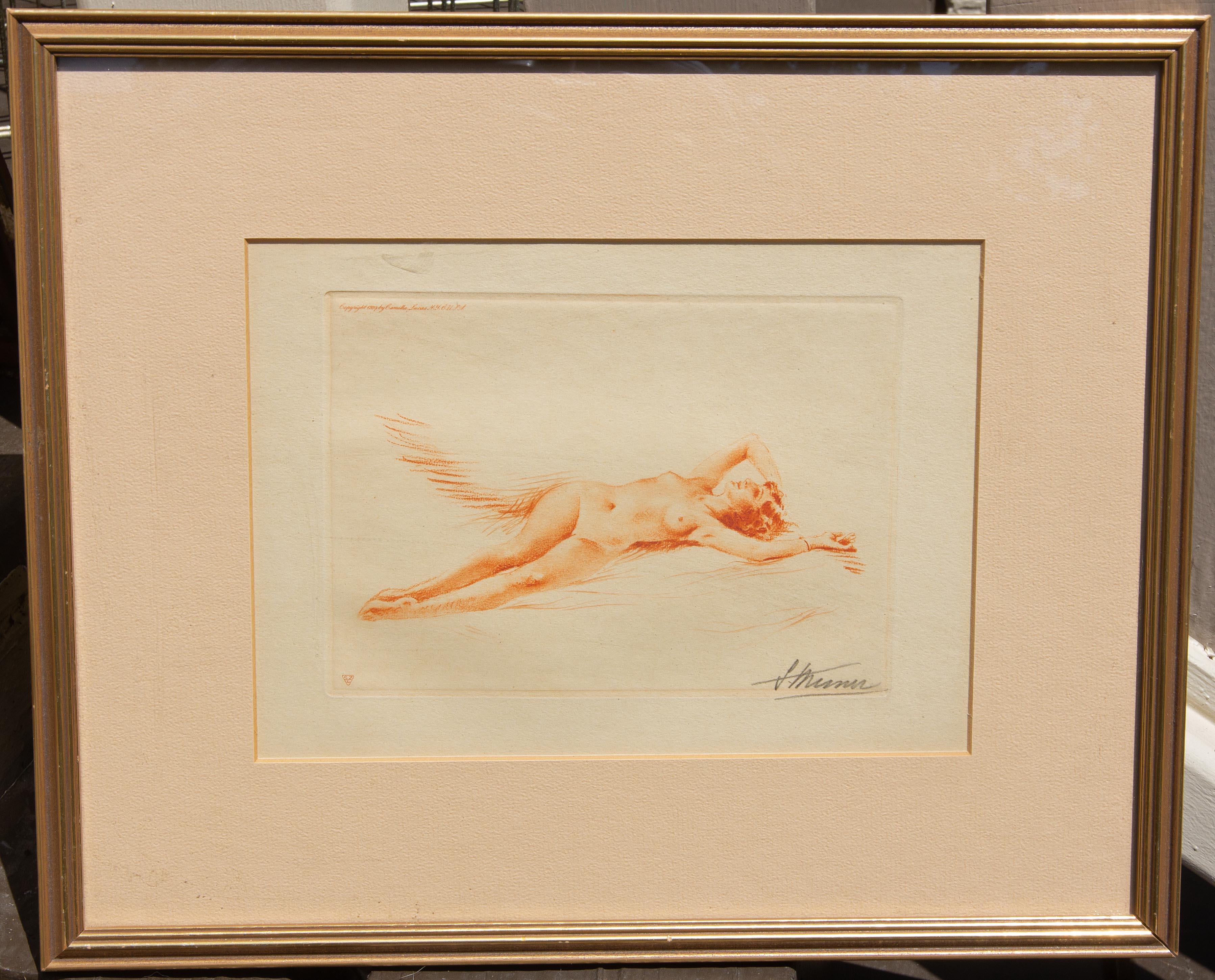 French Etching Reclining Nude Woman by Suzanne Meunier Dated 1934 For Sale 1