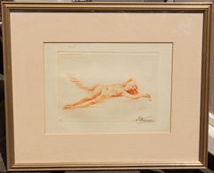 French Etching Reclining Nude Woman by Suzanne Meunier Dated 1934