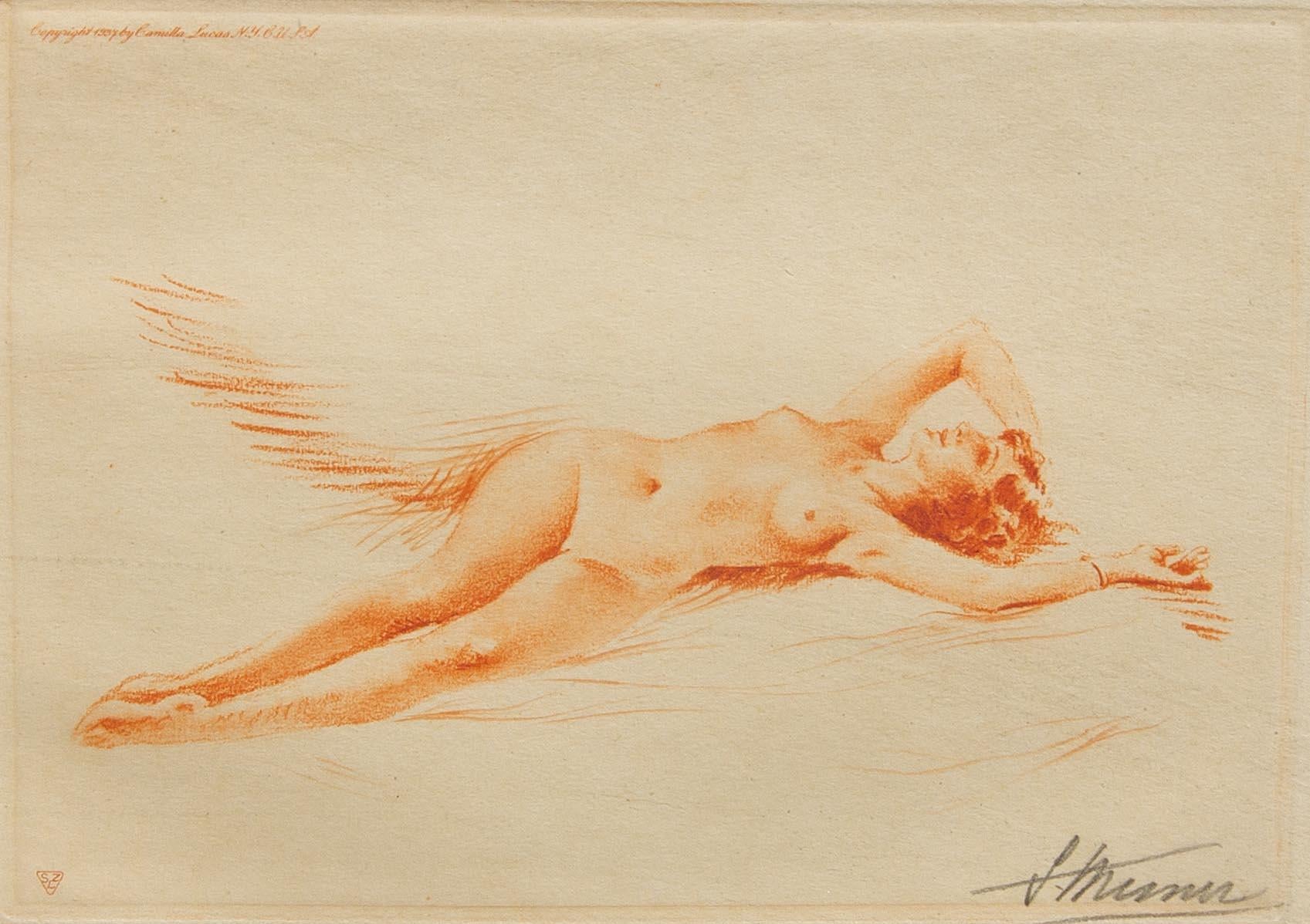 Vintage pinup nude. French etching by Suzanne Meunier. Signed and dated 1934. Framed.

Suzanne Meunier (1888–1979), French artist
This Suzanne Meunier was a French painter, engraver, and illustrator known for her early 20th-century pin-up and