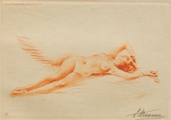 French Etching Reclining Nude Woman by Suzanne Meunier Dated 1934