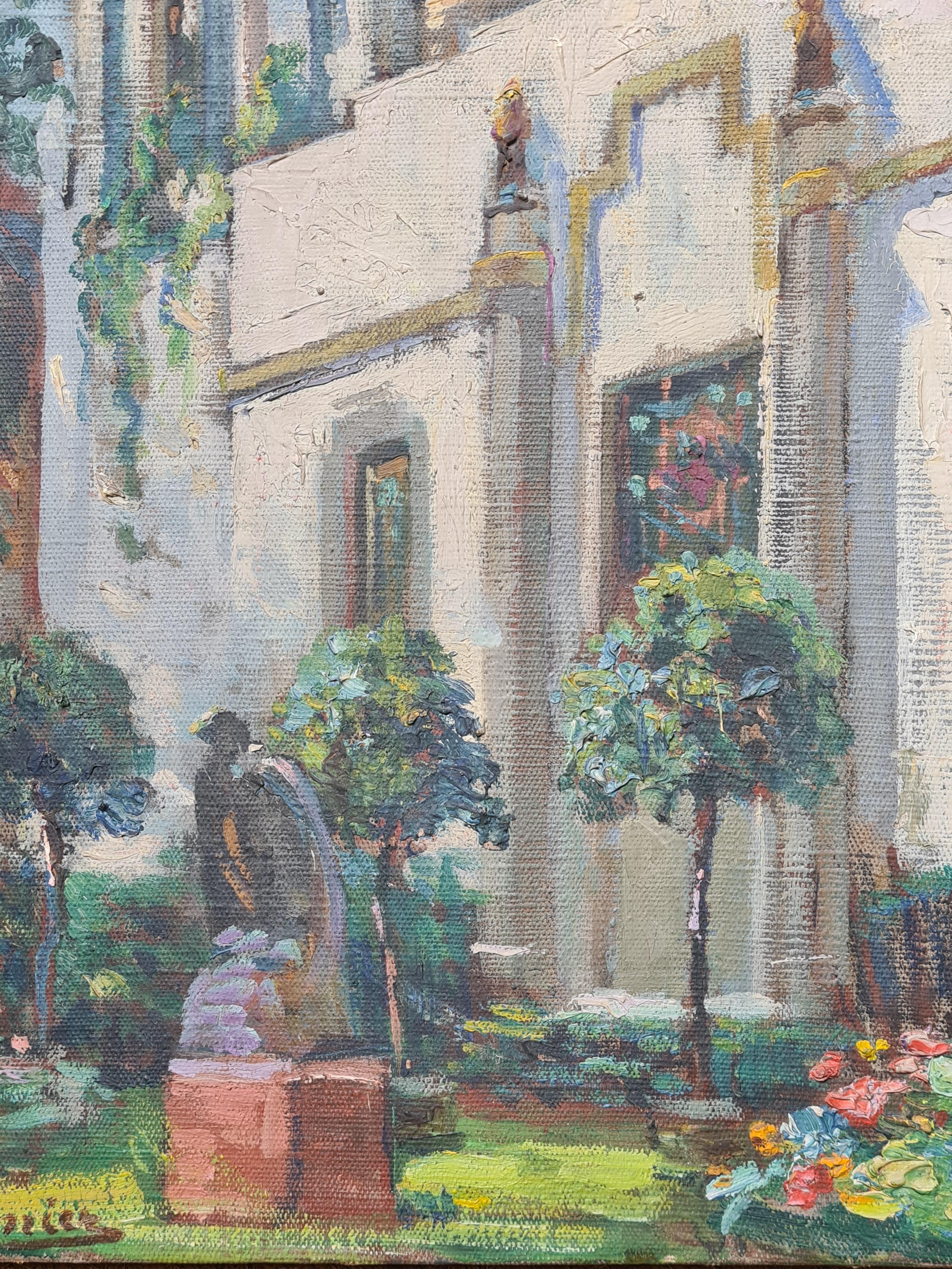 Árabe, Belle Epoque, Villa y jardín en St Tropez Óleo francés sobre lienzo. - Landscape Painting Gris de Suzanne Minier