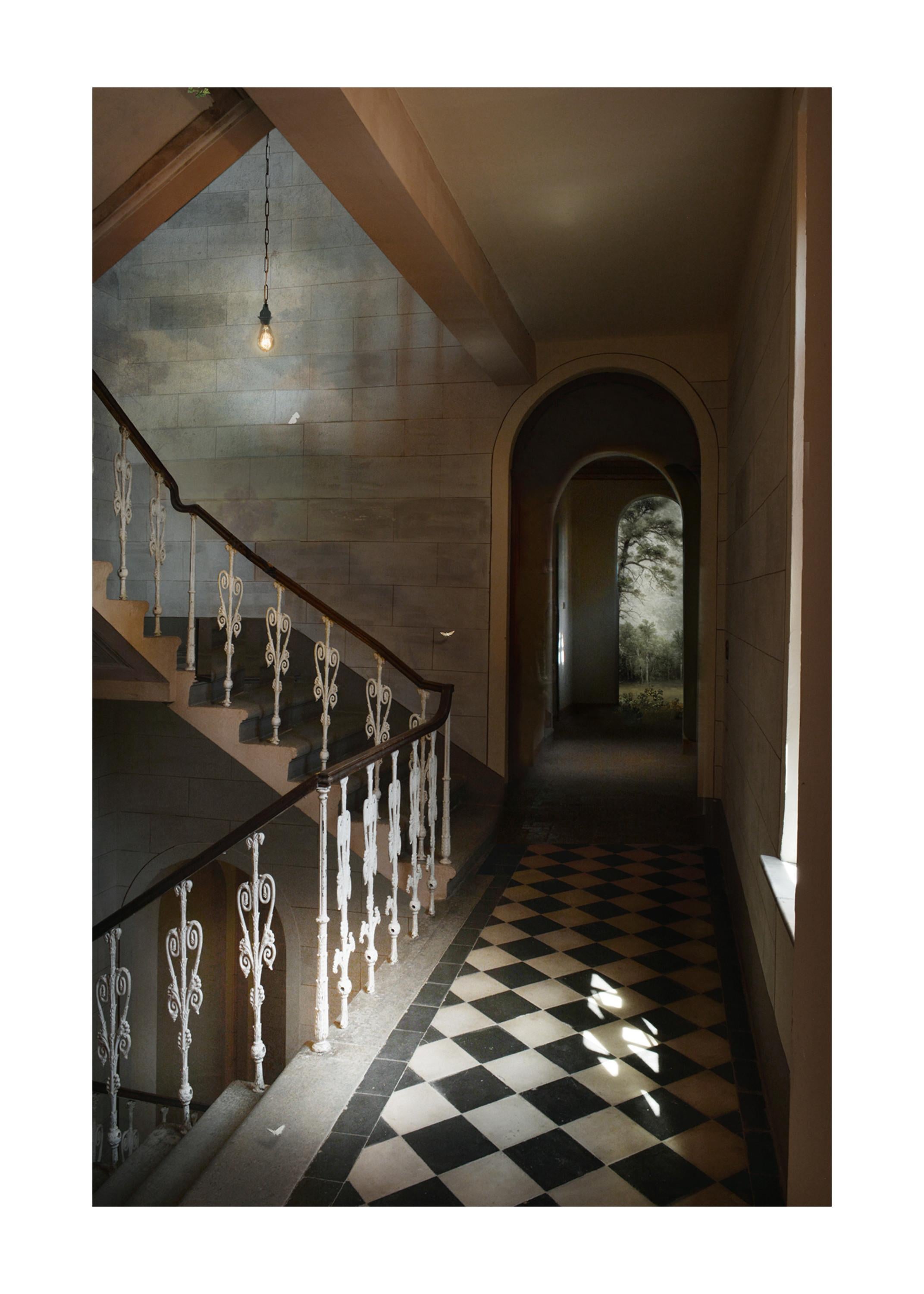 Suzanne Moxhay Interior Print - Clearing - Interior Photography, Staircase, Photomontage