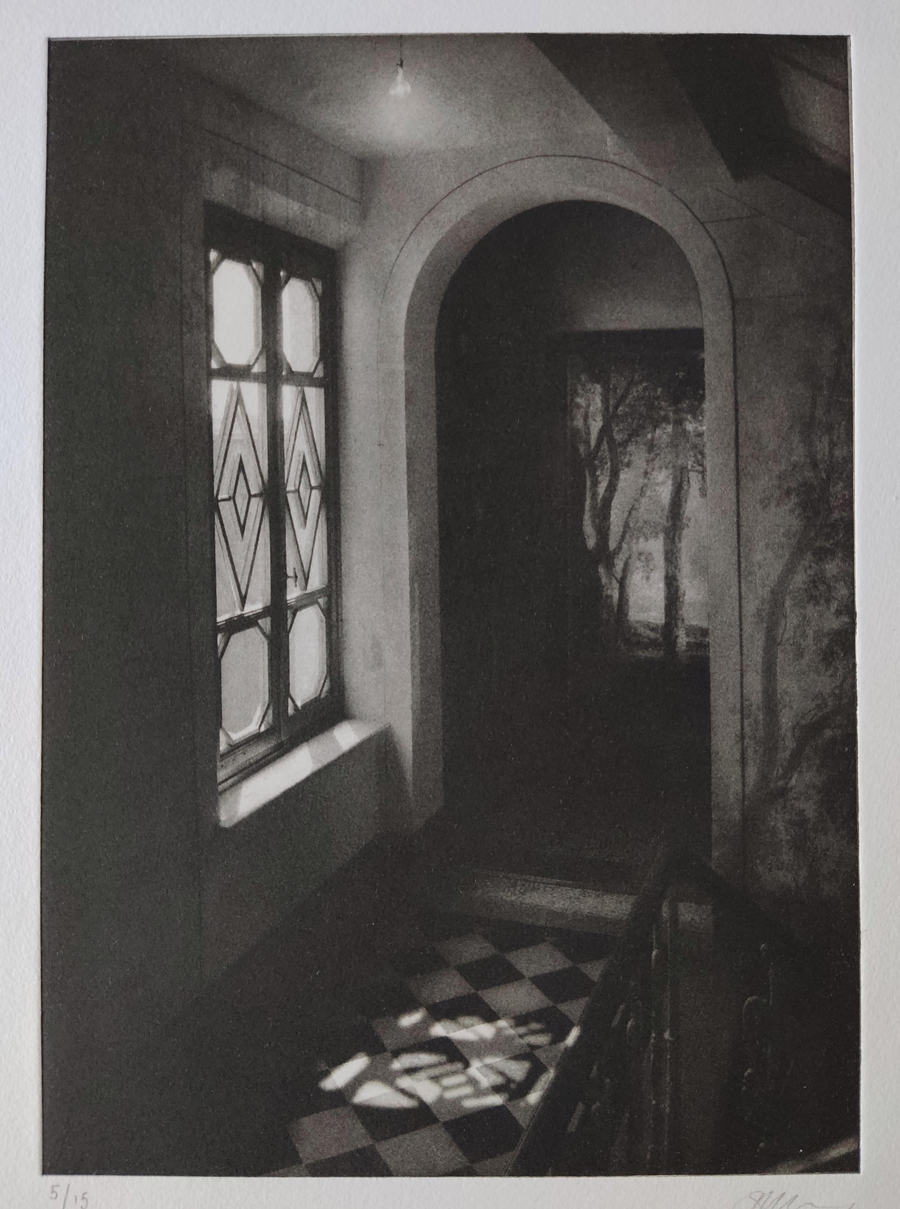 Suzanne Moxhay Interior Print - Corridor with Chequered Floor - Etching, Interior photography, Window