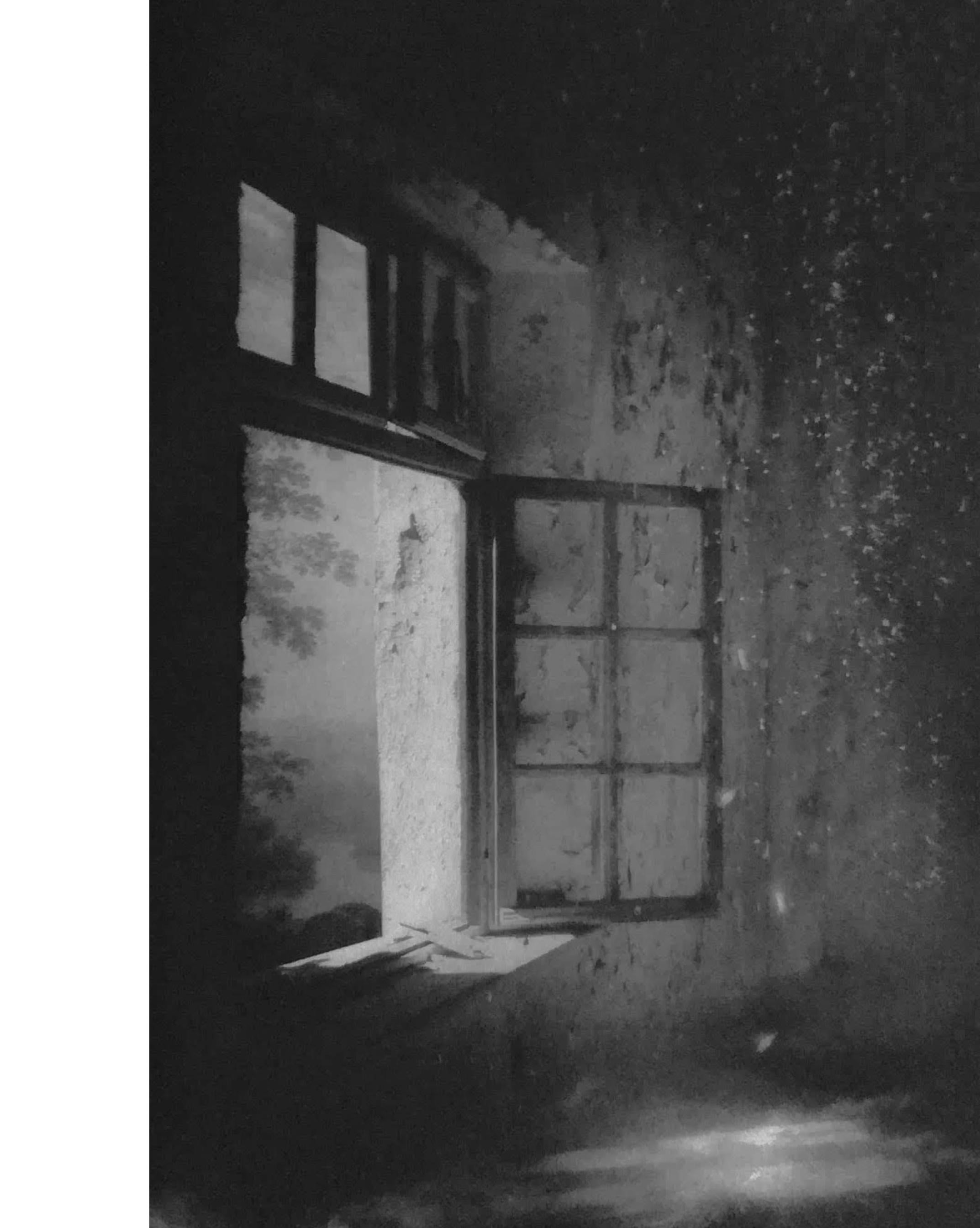 La fenêtre ouverte et la pluie - eau-forte, gravure - Noir Black and White Photograph par Suzanne Moxhay