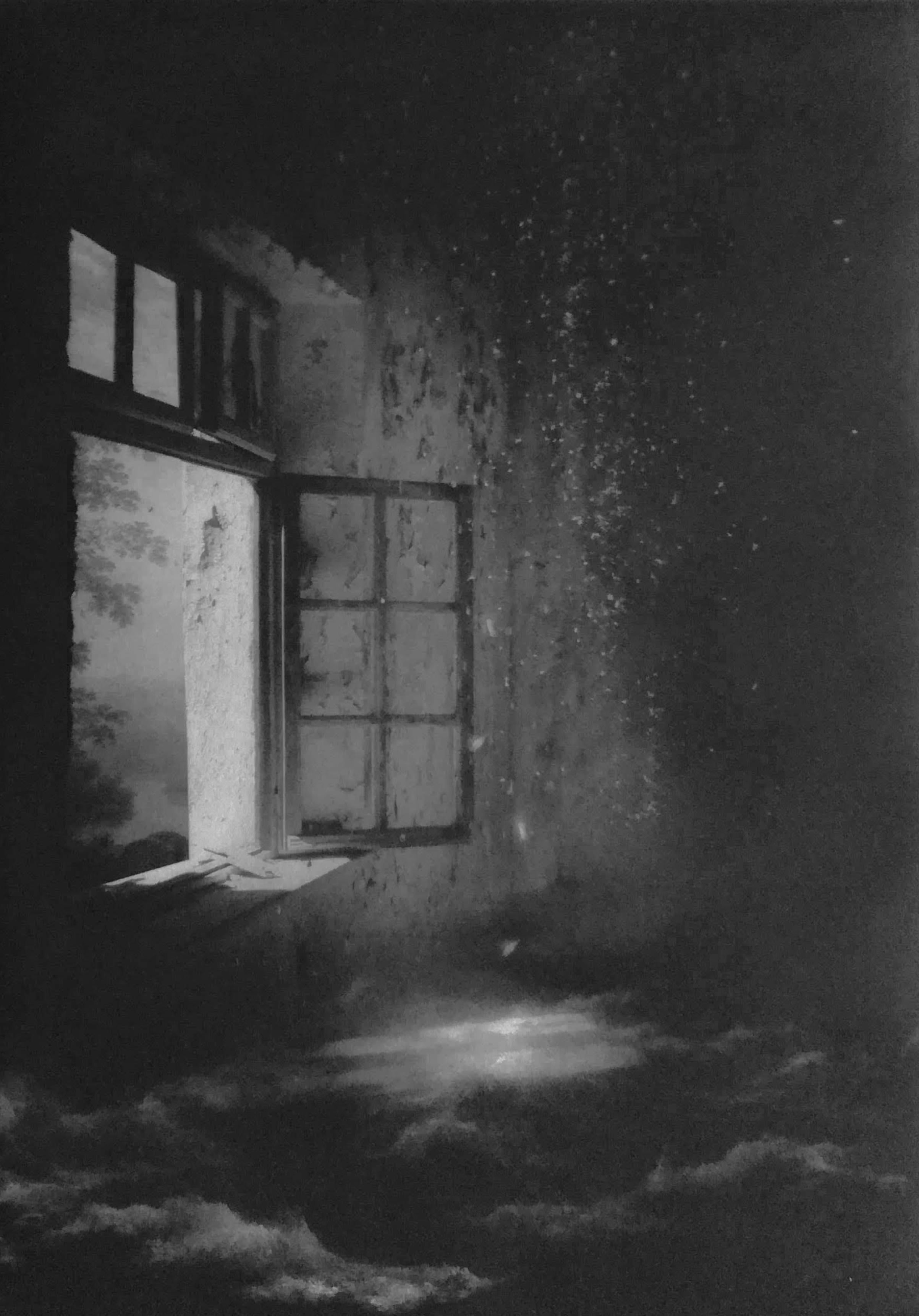 Suzanne Moxhay Black and White Photograph – Offenes Fenster und Regen – Radierung, Fotogravur