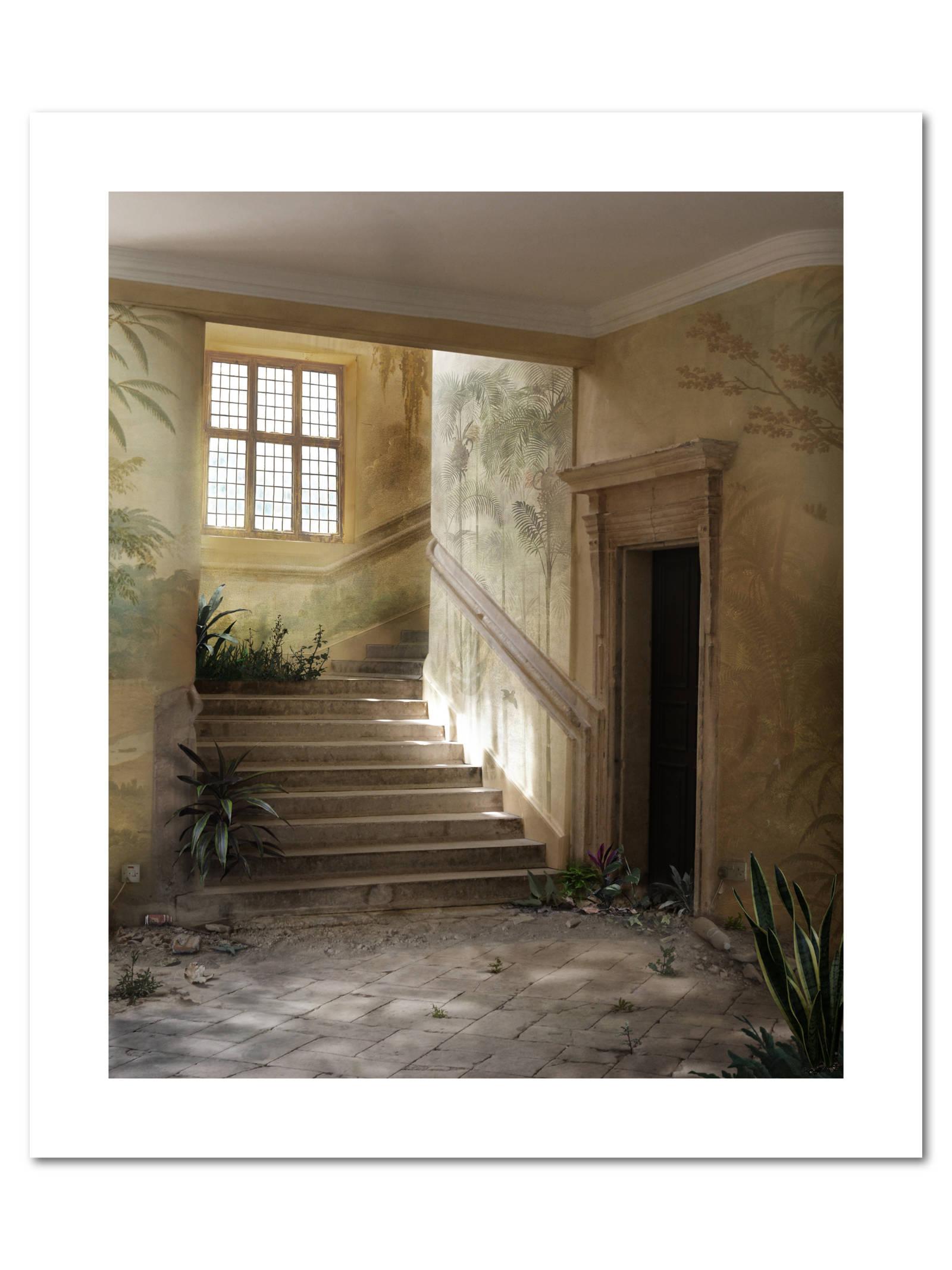 Rockery - Interiors Photography, Fenster, Staircase (Braun), Interior Print, von Suzanne Moxhay