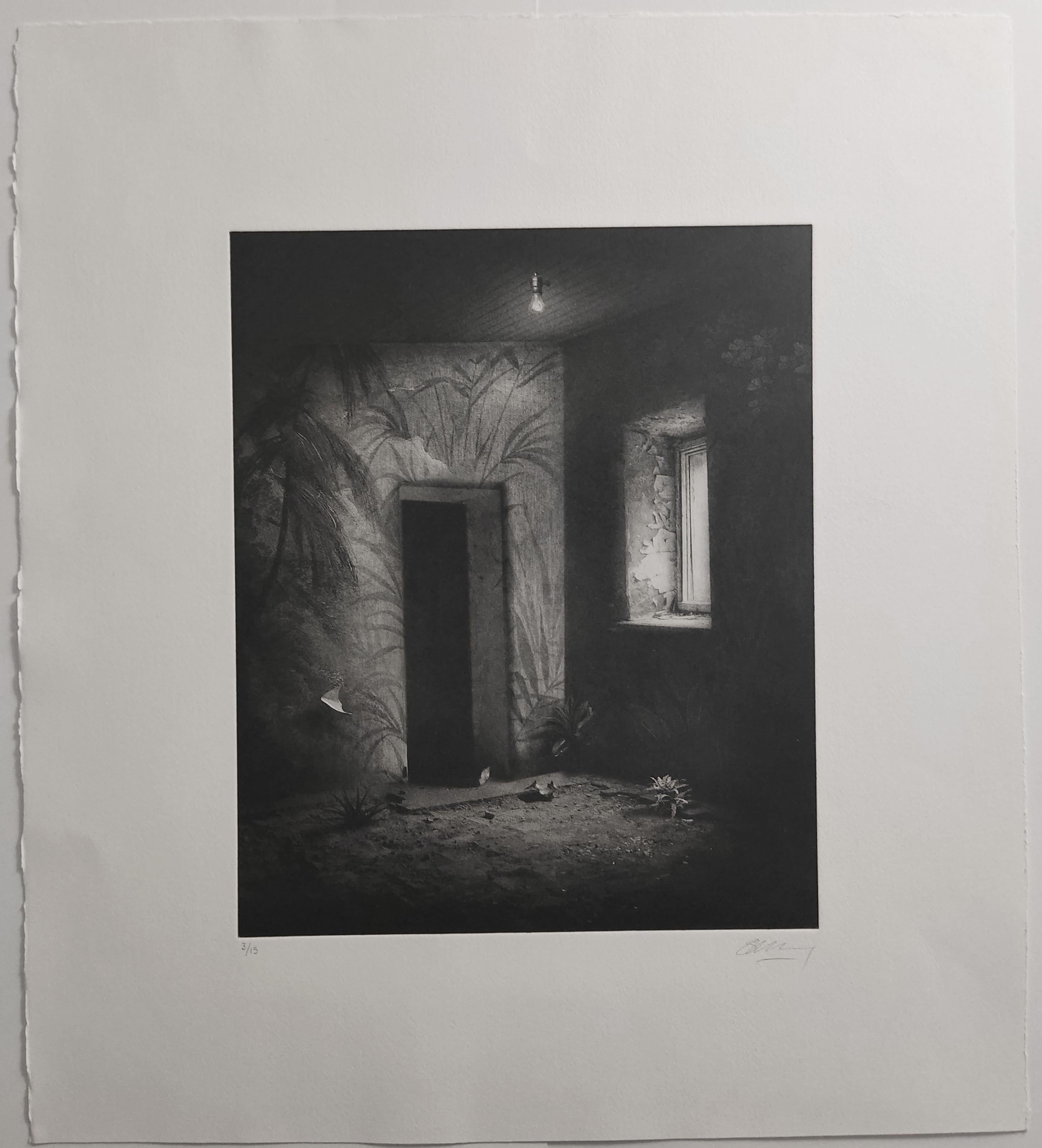 Raum mit Palmen-Tapete, Innenfotografie, Fotomontage, Gravur, Urbex – Photograph von Suzanne Moxhay