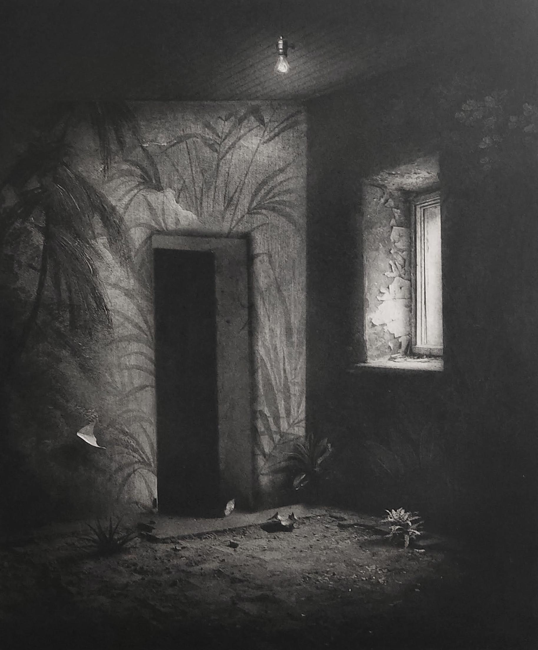 Suzanne Moxhay Black and White Photograph – Raum mit Palmen-Tapete, Innenfotografie, Fotomontage, Gravur, Urbex
