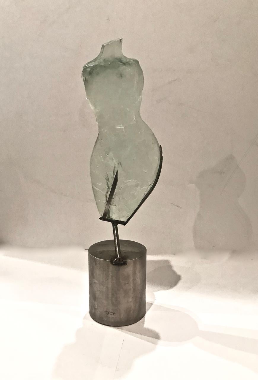 20th Century Suzanne Pascal Carved Glass Sculpture on Steel Plinth by Suzanne Pascal