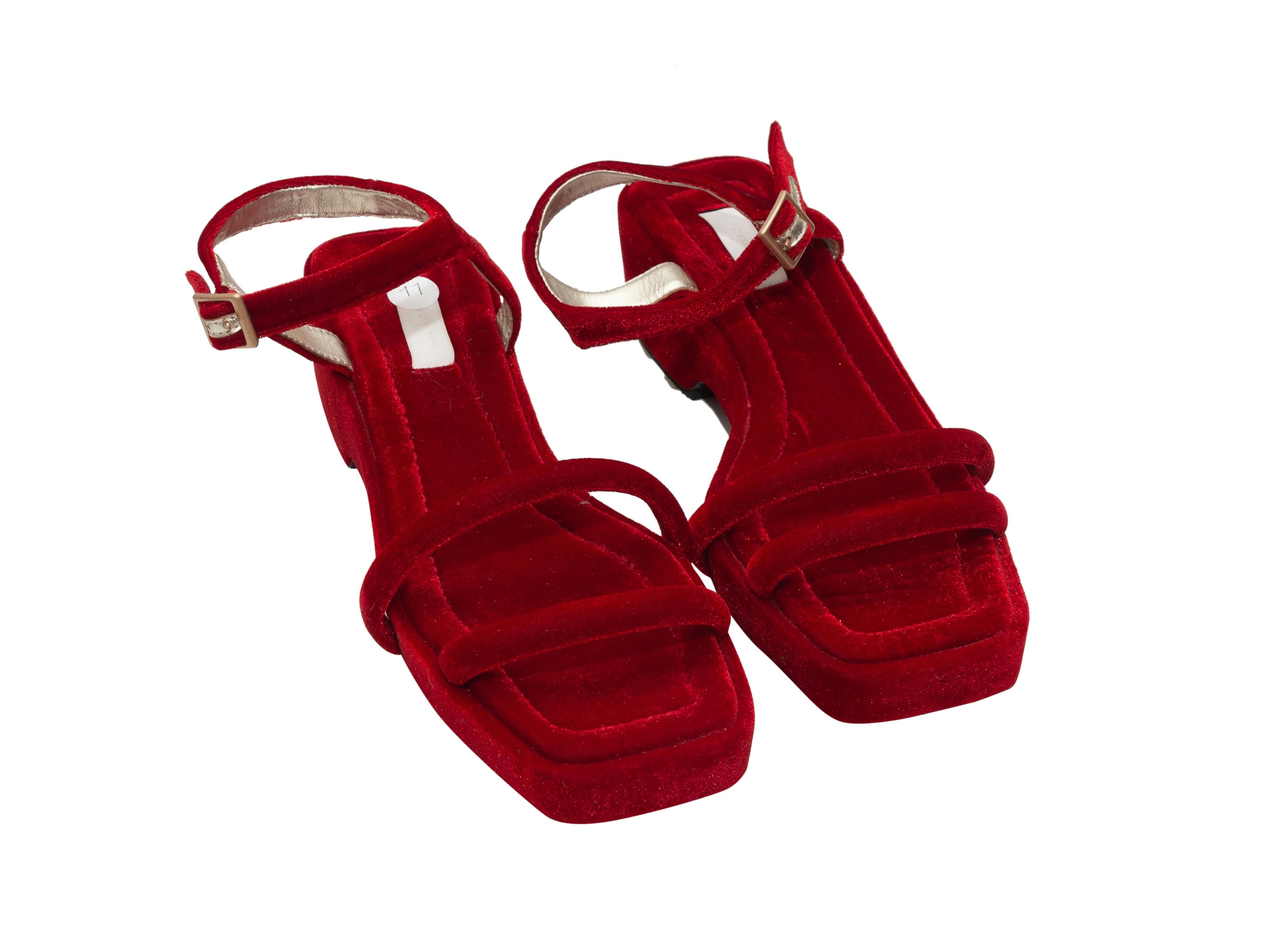 Product details: Red suede flatform sandals by Suzanne Rae. Silver-tone buckle closures at ankle straps. Designer size 41. 2