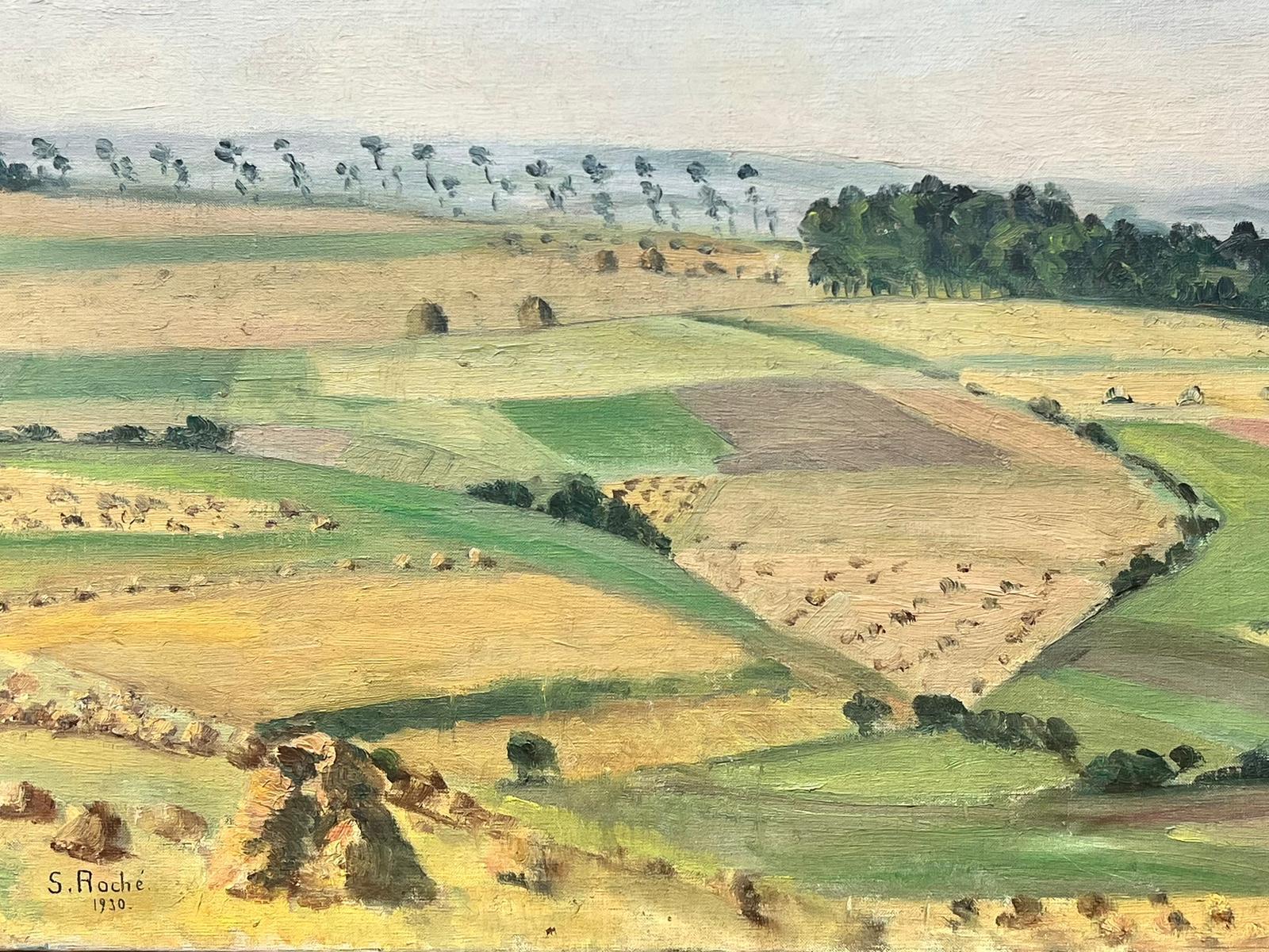 1930's French Impressionist Signiert Öl Ernte Felder Heuballen Landschaft  – Painting von Suzanne Roche