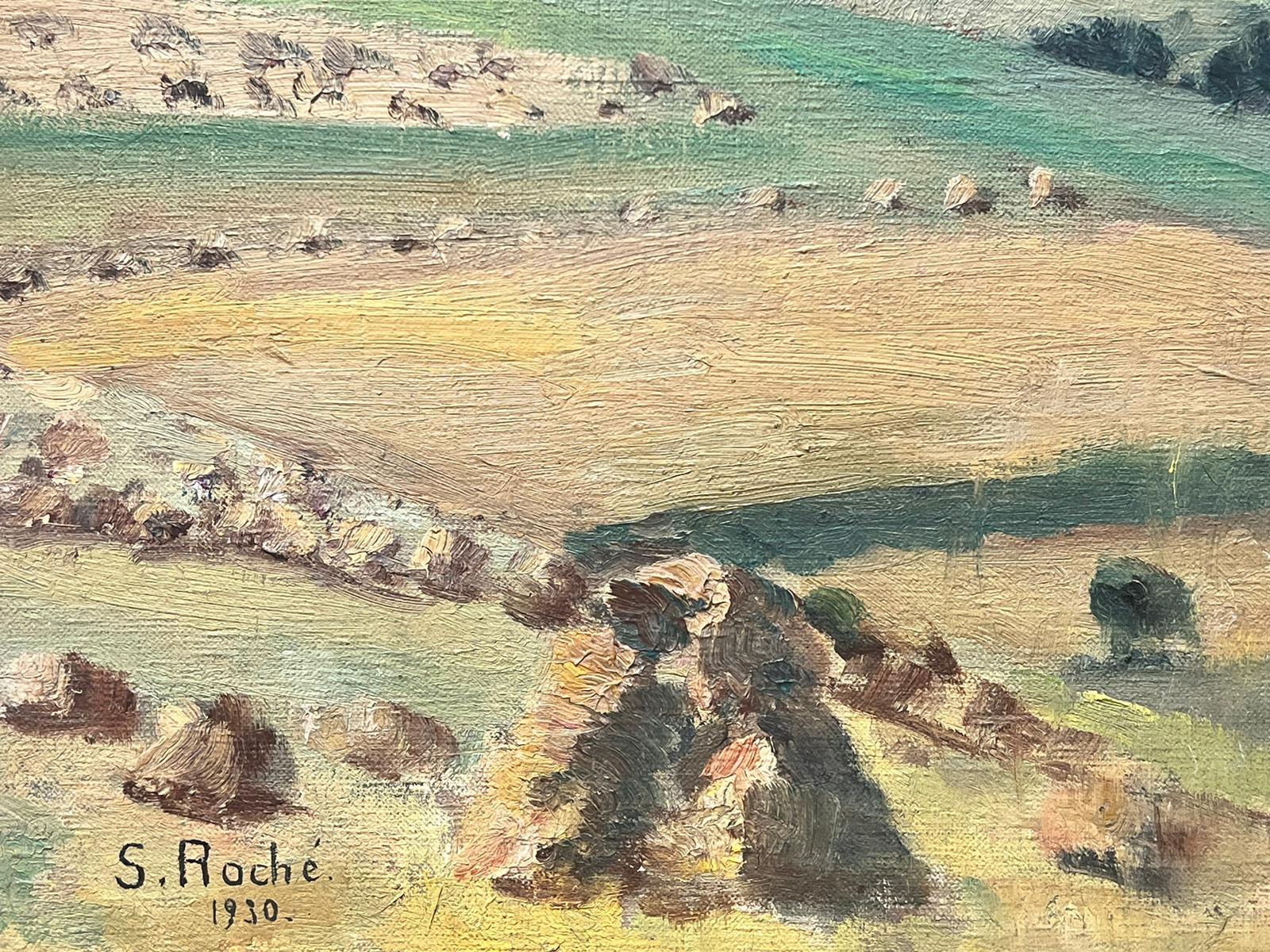1930's French Impressionist Signiert Öl Ernte Felder Heuballen Landschaft  im Angebot 1
