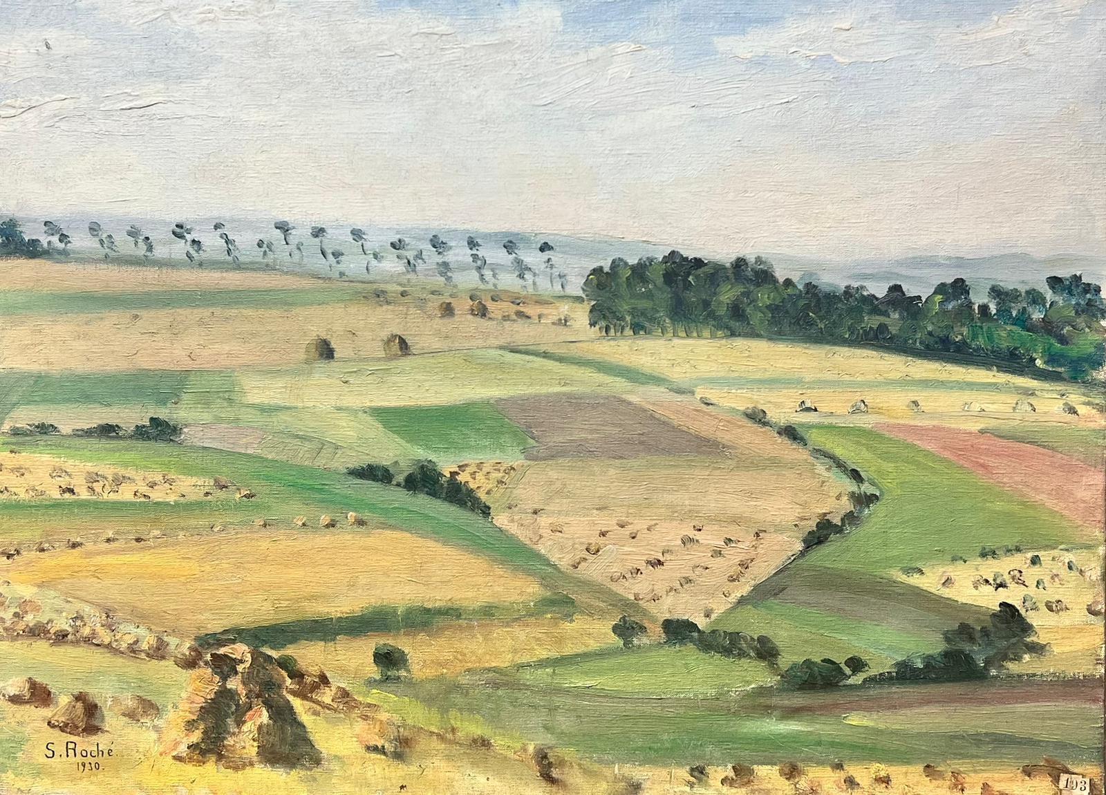 Suzanne Roche Landscape Painting – 1930's French Impressionist Signiert Öl Ernte Felder Heuballen Landschaft 