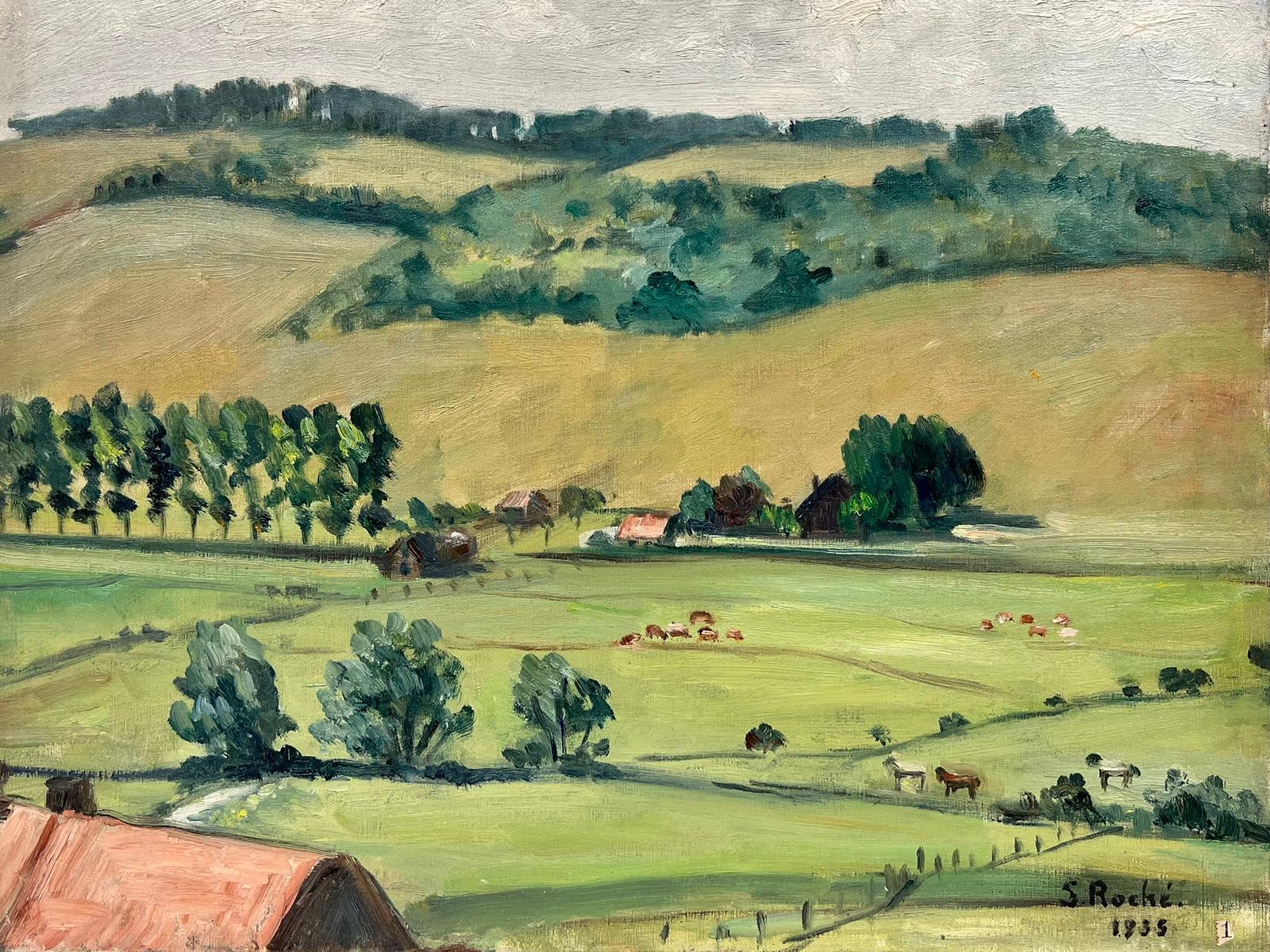 Französische signierte Öl- Tranquil-Landschaftslandschaft, Tier in Pasture, grün, Französisch, 1930er Jahre – Painting von Suzanne Roche