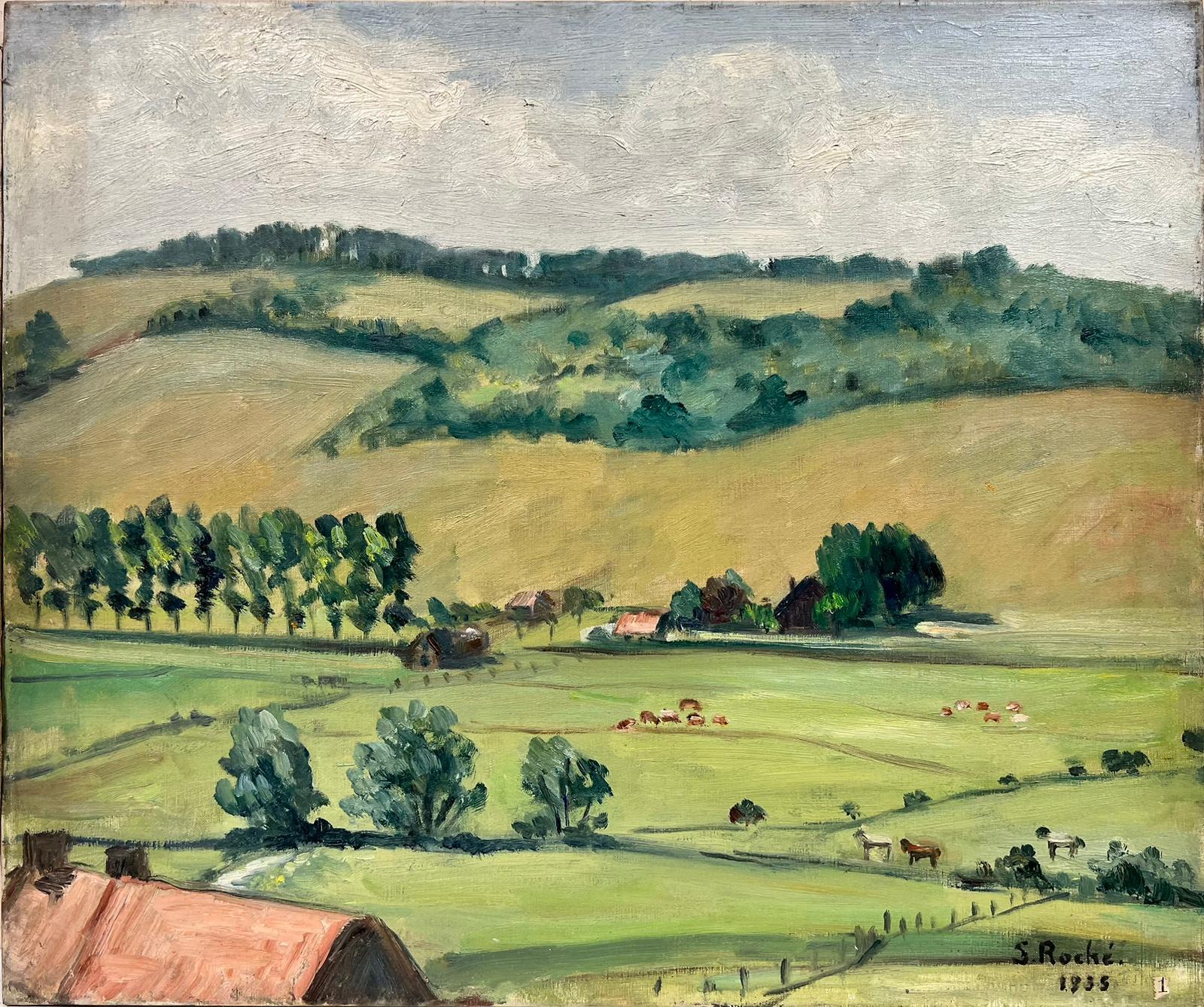 Suzanne Roche Landscape Painting – Französische signierte Öl- Tranquil-Landschaftslandschaft, Tier in Pasture, grün, Französisch, 1930er Jahre
