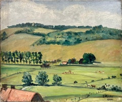 Tranquil rural Landscape des années 1930, signé à l'huile, vert
