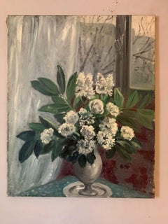 SUZANNE ROCHE 1930s - HUGE SIGNED OIL - STILL LIFE FLOWERS IN WINDOW