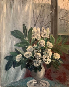 Antique SUZANNE ROCHE 1930s - HUGE SIGNED OIL - STILL LIFE FLOWERS IN WINDOW