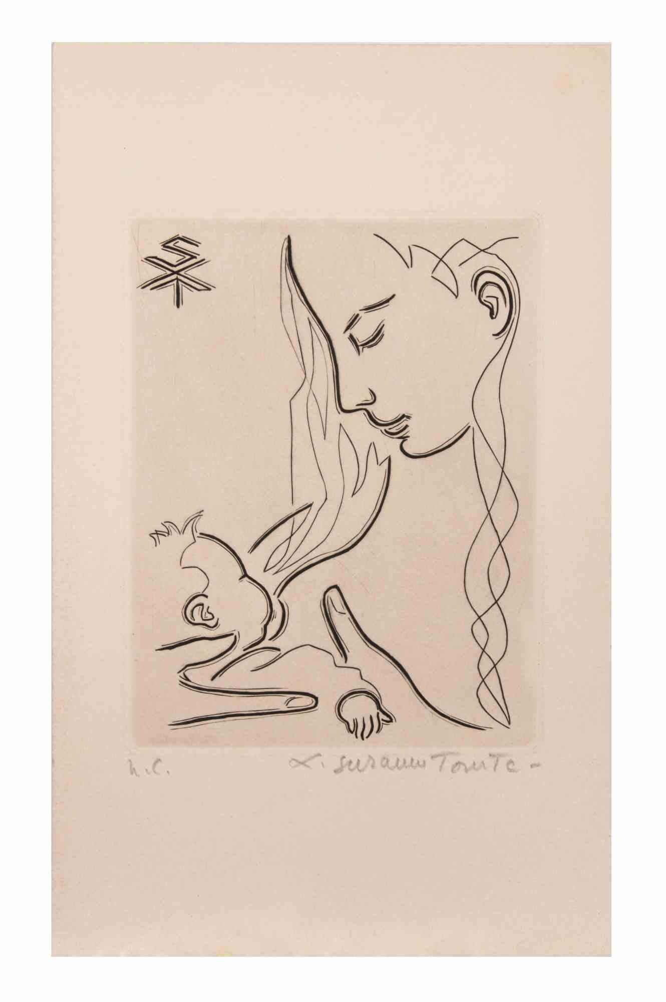 Eine fütternde Frau – Radierung von Suzanne Tourte – 1950er Jahre