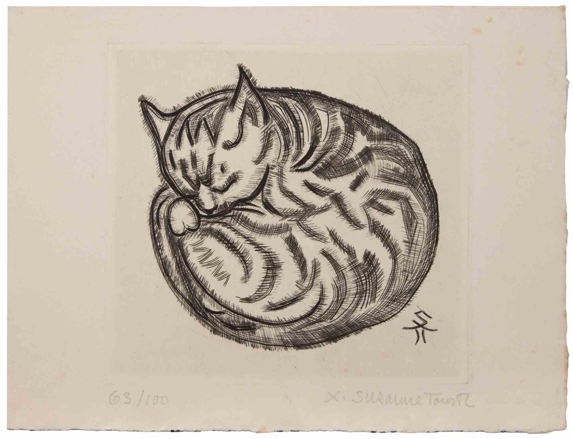 Cat ist ein Kunstwerk von Suzanne Tourte aus der Mitte des 20. Jahrhunderts.

Radierung und Kaltnadel auf Papier.

In gutem Zustand.

Handsigniert.

Nummeriert. Auflage 63/100.

Das Kunstwerk wird durch geschickte Striche meisterhaft dargestellt.


