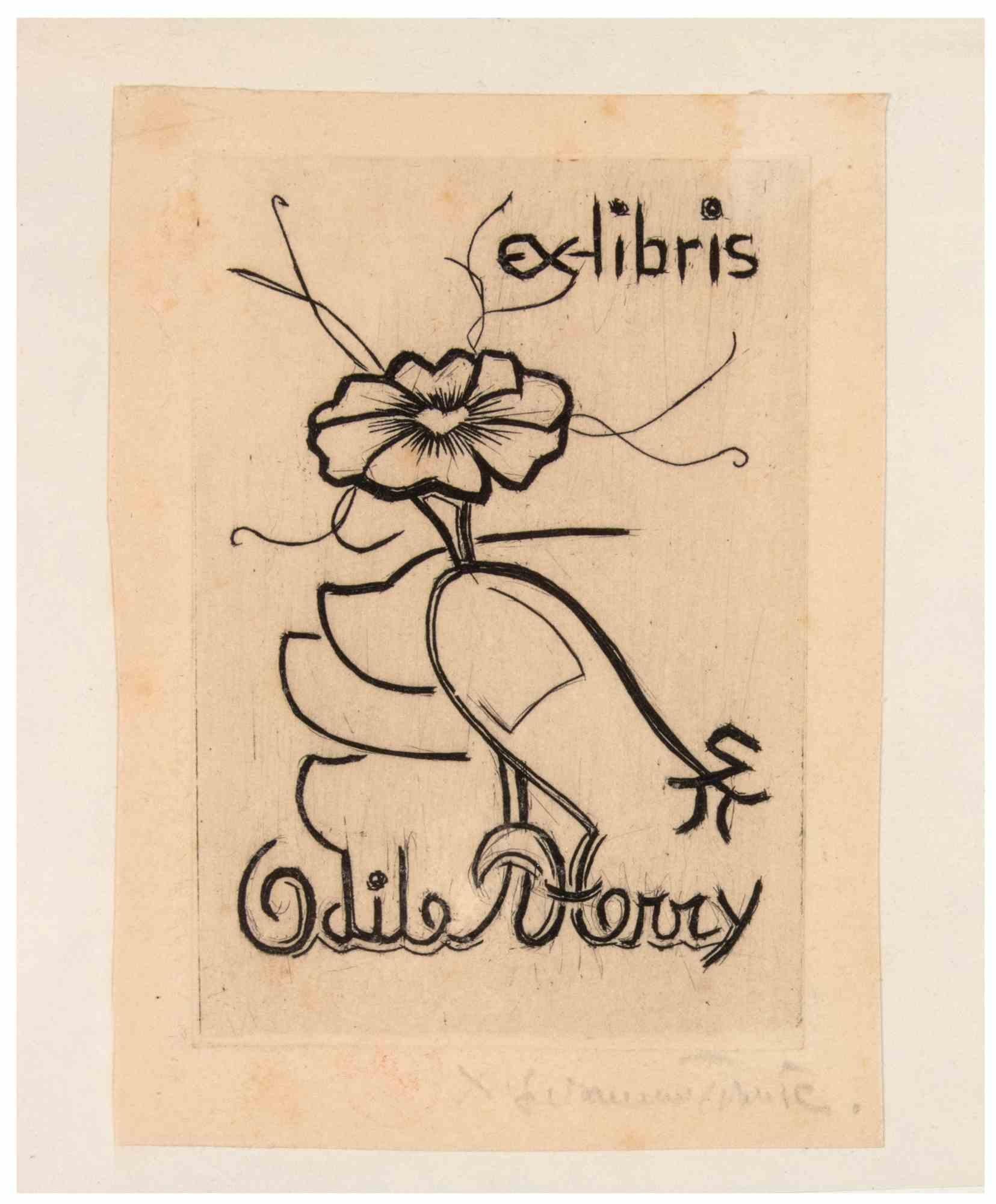 Ex Libris Odile Herry ist eine von Suzanne Tourte (1904-1979) realisierte Radierung.

Guter Zustand auf leicht vergilbtem Papier, mit einem blauen Passepartout aus Karton (27x21,5 cm).

Signiert in der rechten unteren Ecke.