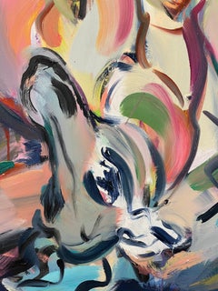 WHAT LIES AHEAD - Large abstract gestural painting in pinks, blues and greens