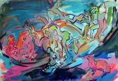 WHAT LIES AHEAD - Large abstract gestural painting in pinks, blues and greens