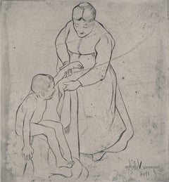 Grandma and Little Boy - Original Etching Signed (Petrides #E18)