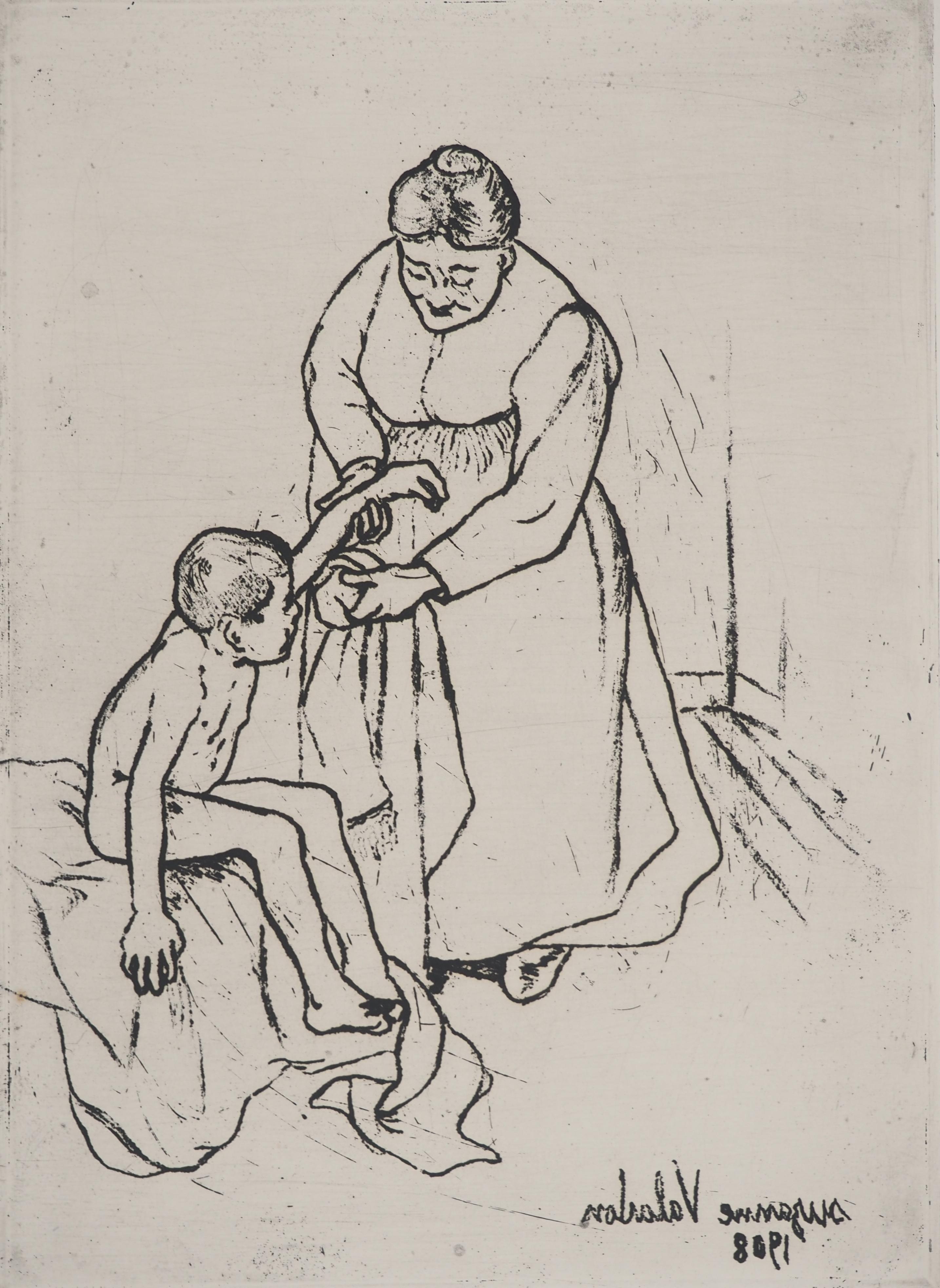 Abuela y Child - Grabado original firmado (Petrides #E14) - Print de Suzanne Valadon