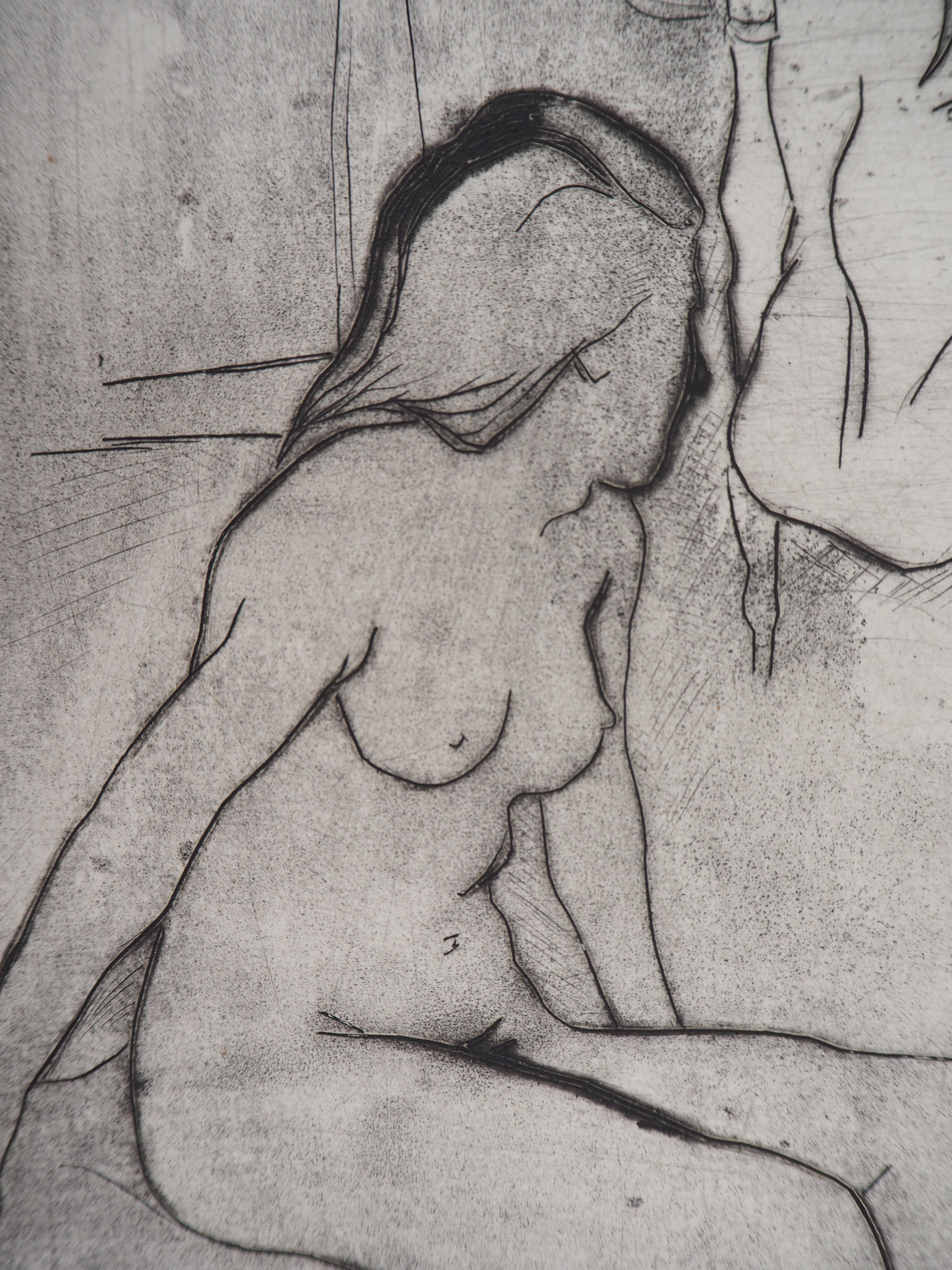 Grandmother and Nude Louise - Original handsigned etching  - Gray Nude Print by Suzanne Valadon