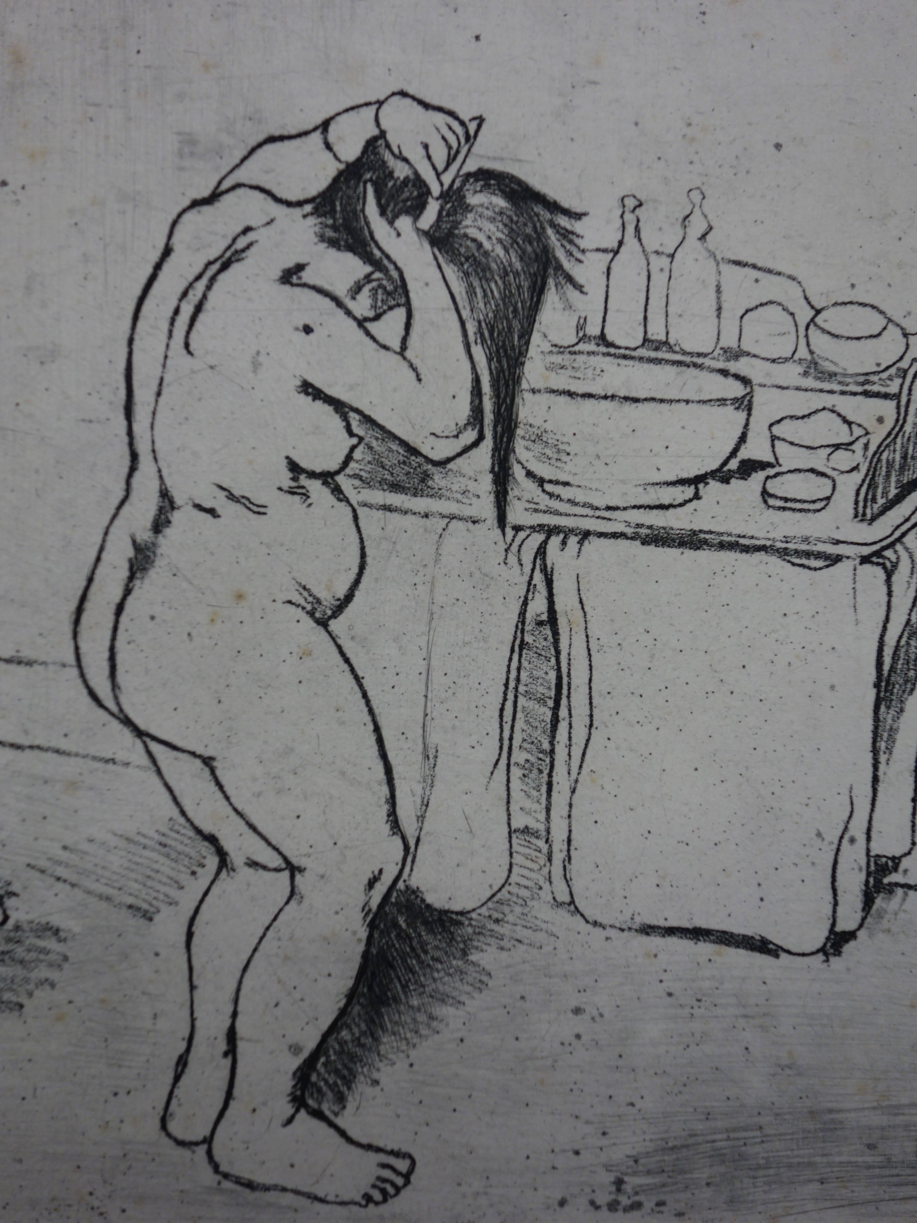 La toilette - Original signed etching - 1932 - Gray Figurative Print by Suzanne Valadon