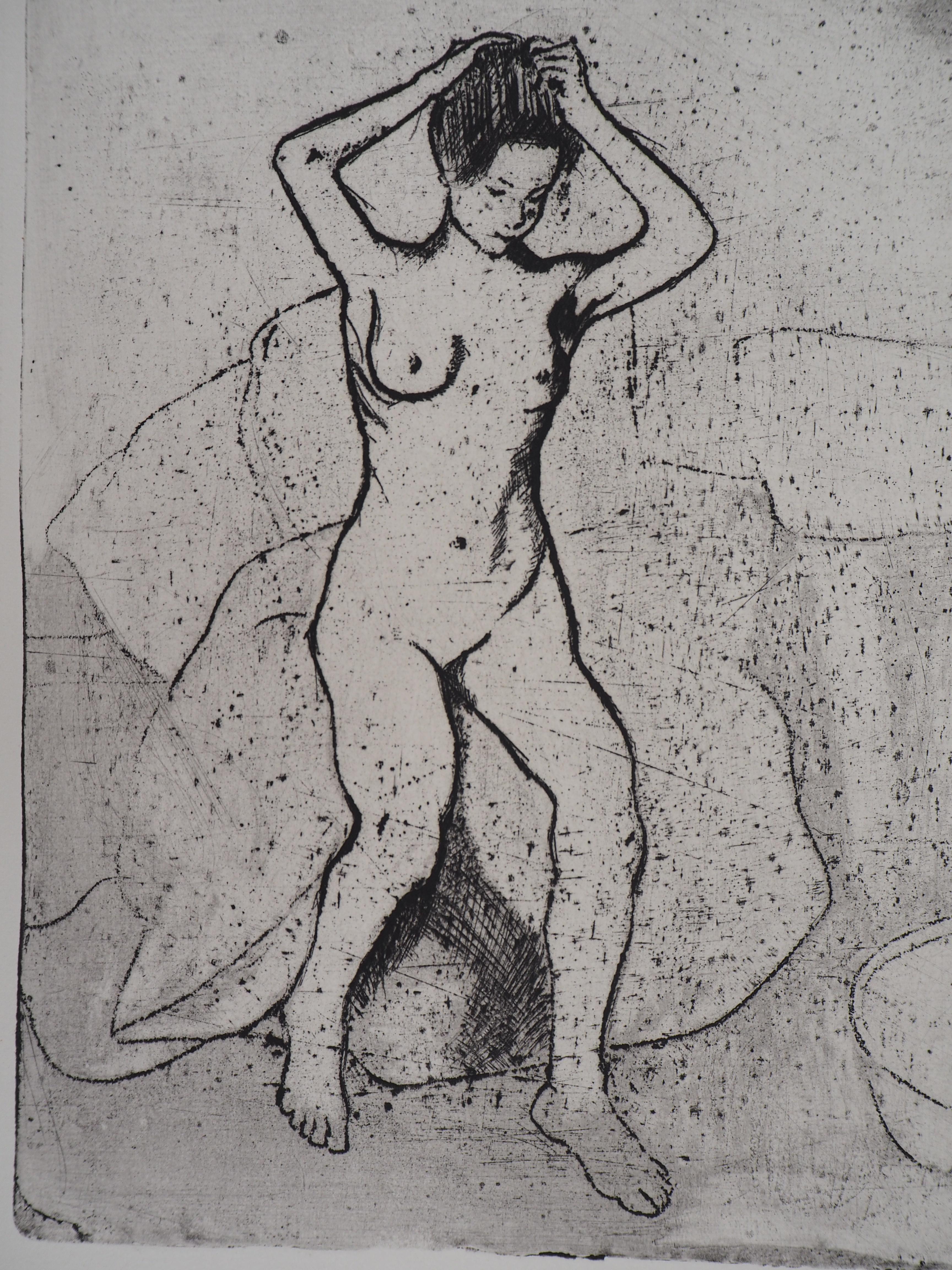La toilette - Original handsigned etching  - Gray Nude Print by Suzanne Valadon