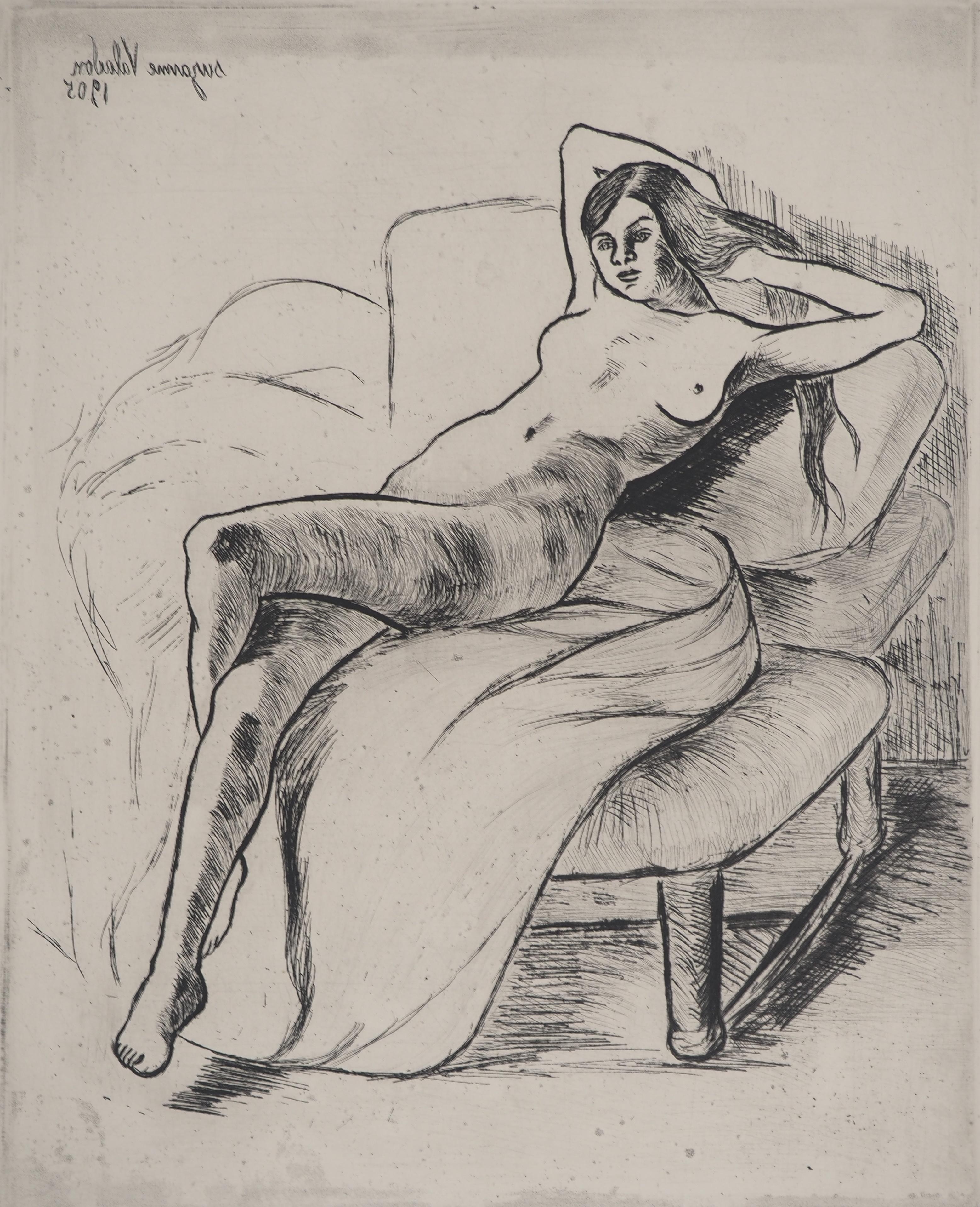 Lying Naked Woman - Original Etching Signed (Petrides #E11) - Academic Print by Suzanne Valadon