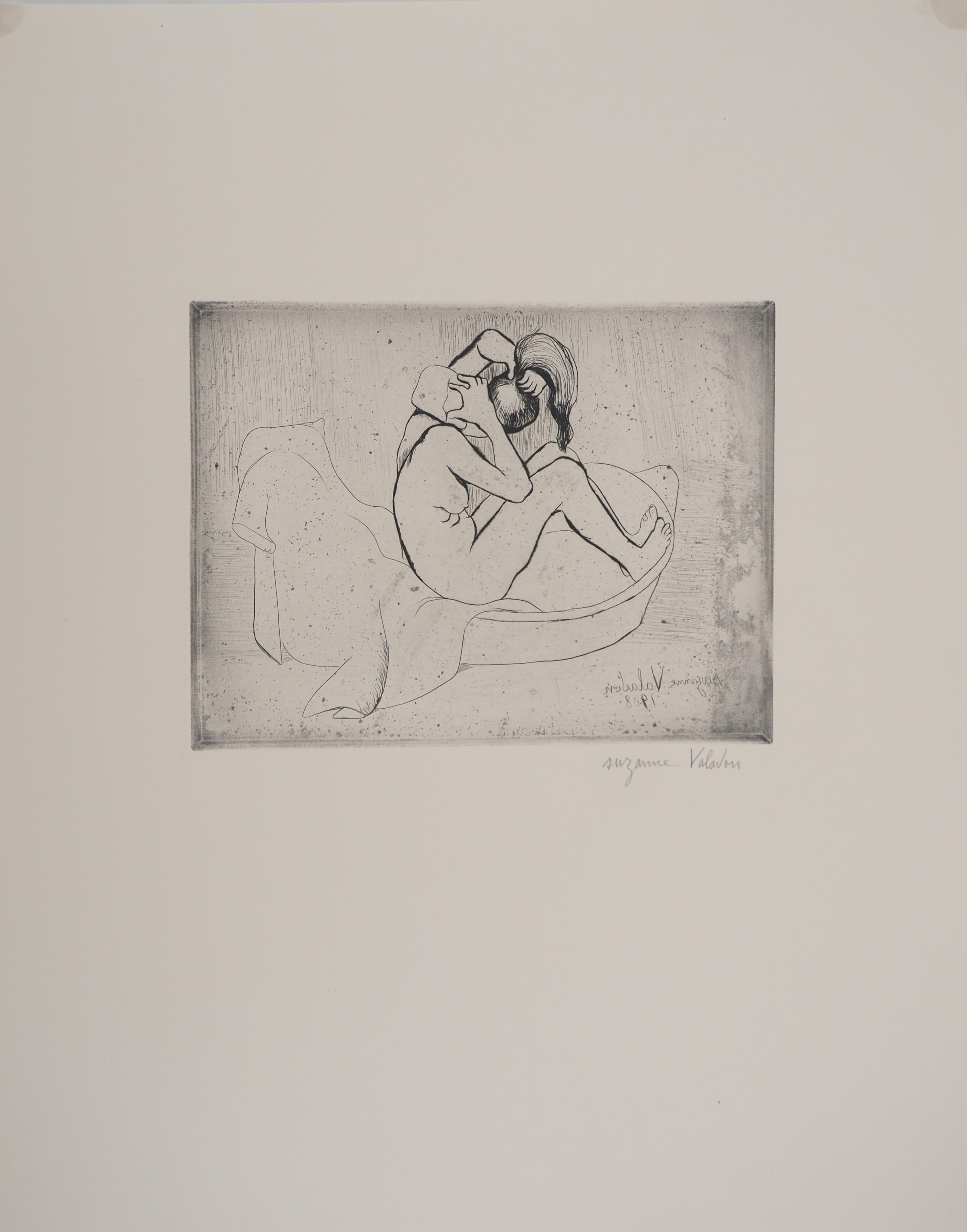 Maria in der Badewanne, die sich selbst abschwämmt - signierte Original-Radierung (Petrides #E13) (Akademisch), Print, von Suzanne Valadon