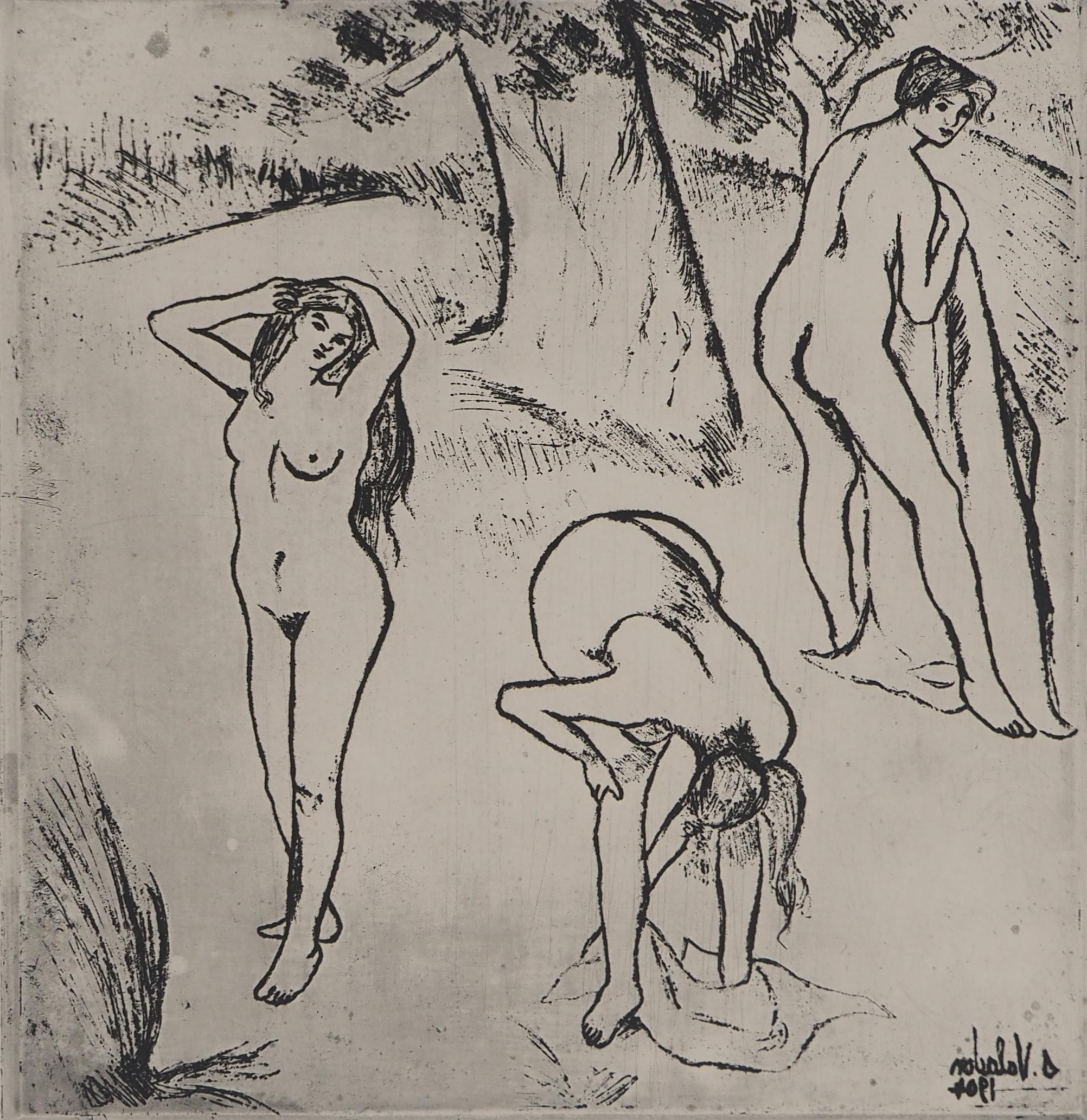 Femmes nues sous les arbres -  Gravure originale signée (Petrides #E9) - Print de Suzanne Valadon