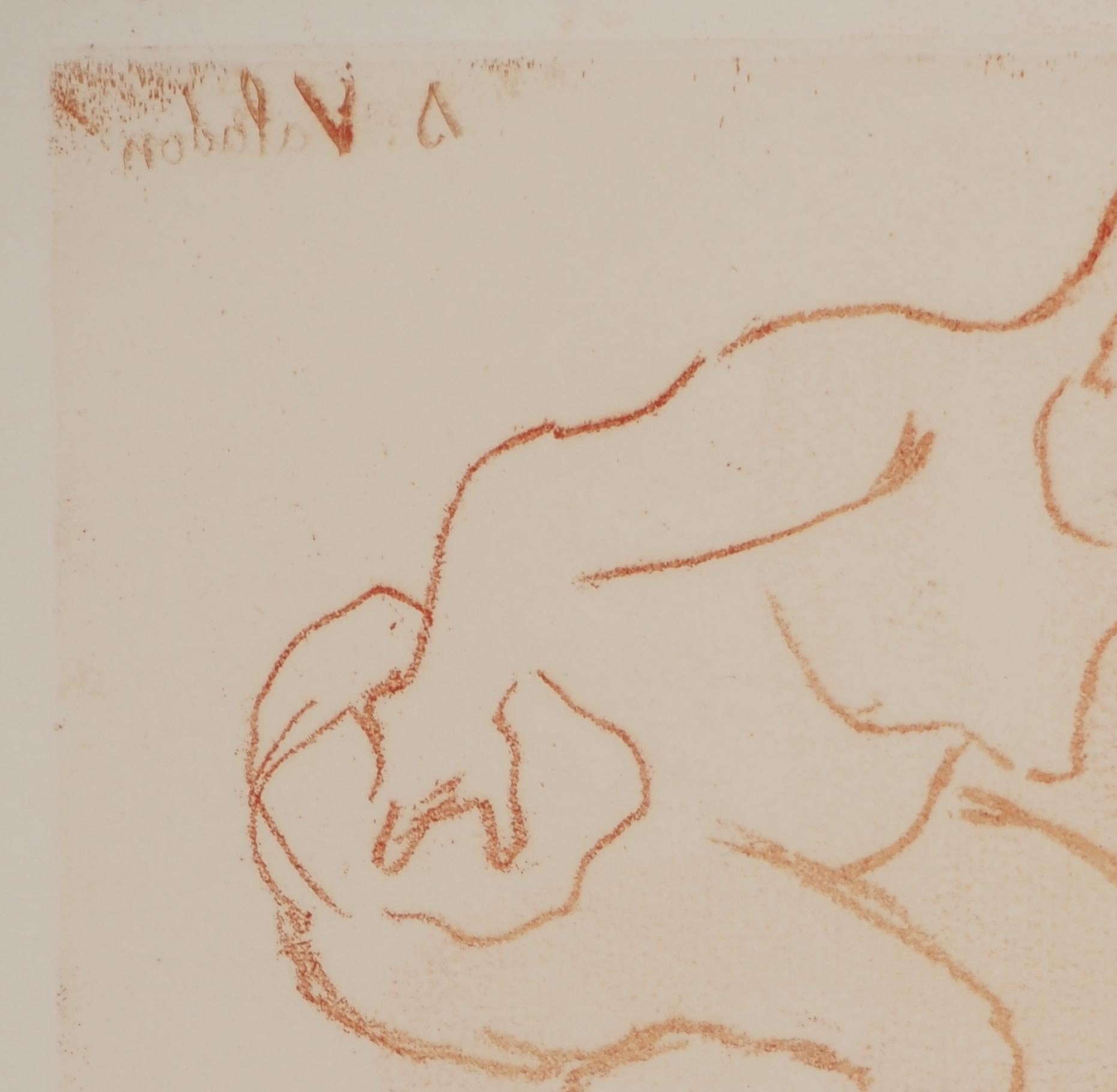 Mujer desnuda agachada - Grabado original firmado (Petrides #E3) - Print Académico de Suzanne Valadon