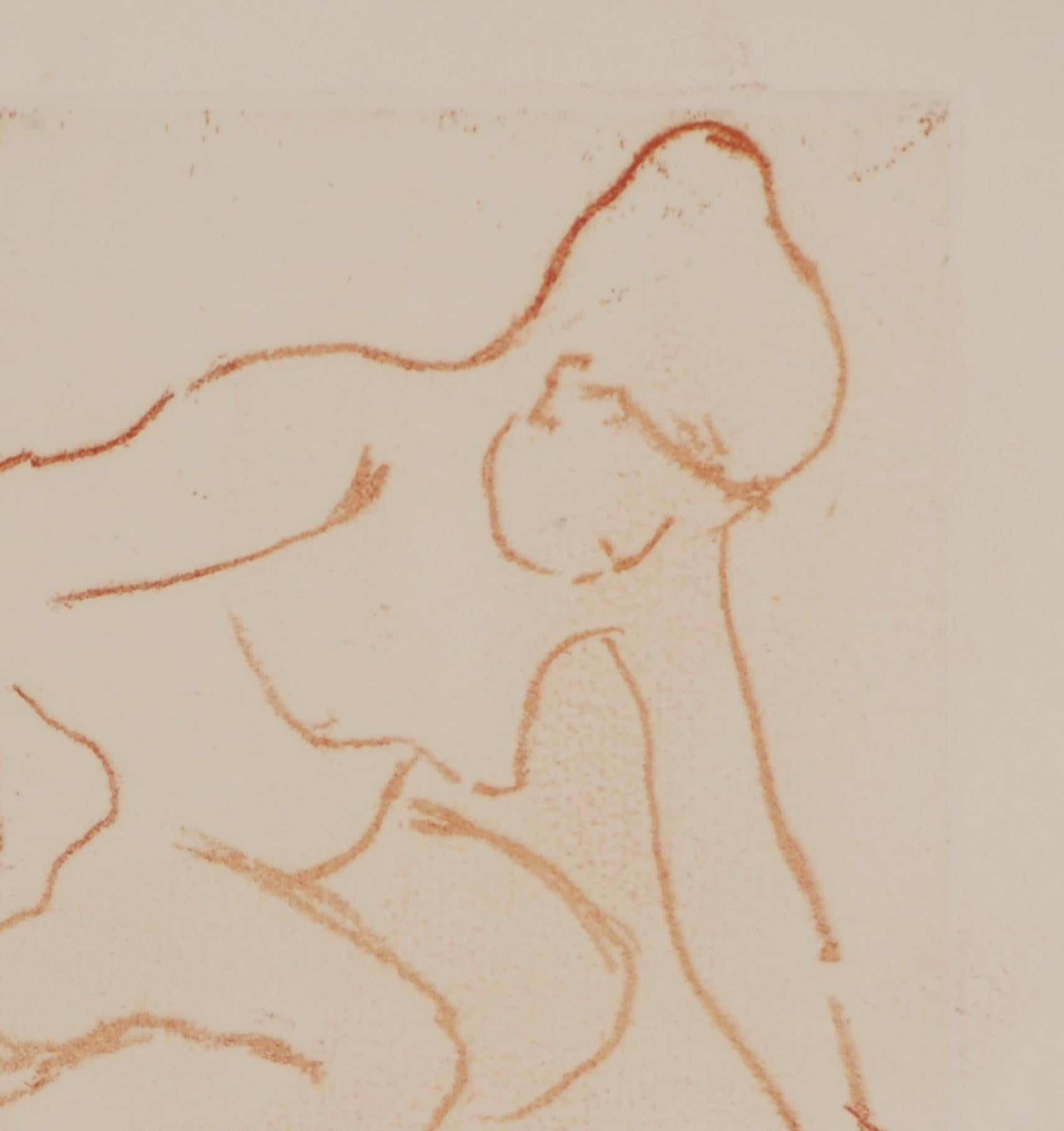 Mujer desnuda agachada - Grabado original firmado (Petrides #E3) - Nude Print Beige de Suzanne Valadon