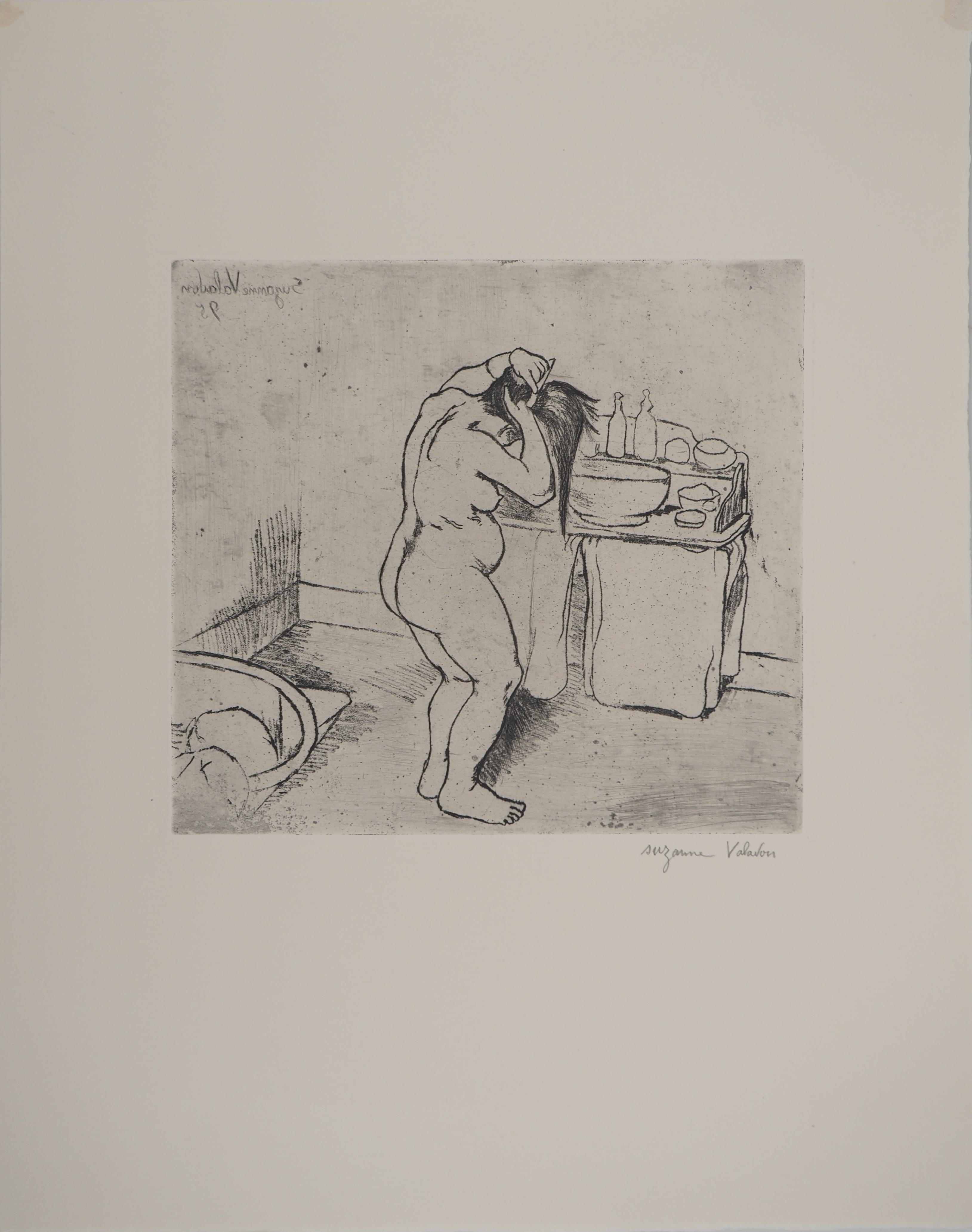 Nude Woman Doing her Hair -  Original Etching Signed (Petrides #E5) - Gray Nude Print by Suzanne Valadon