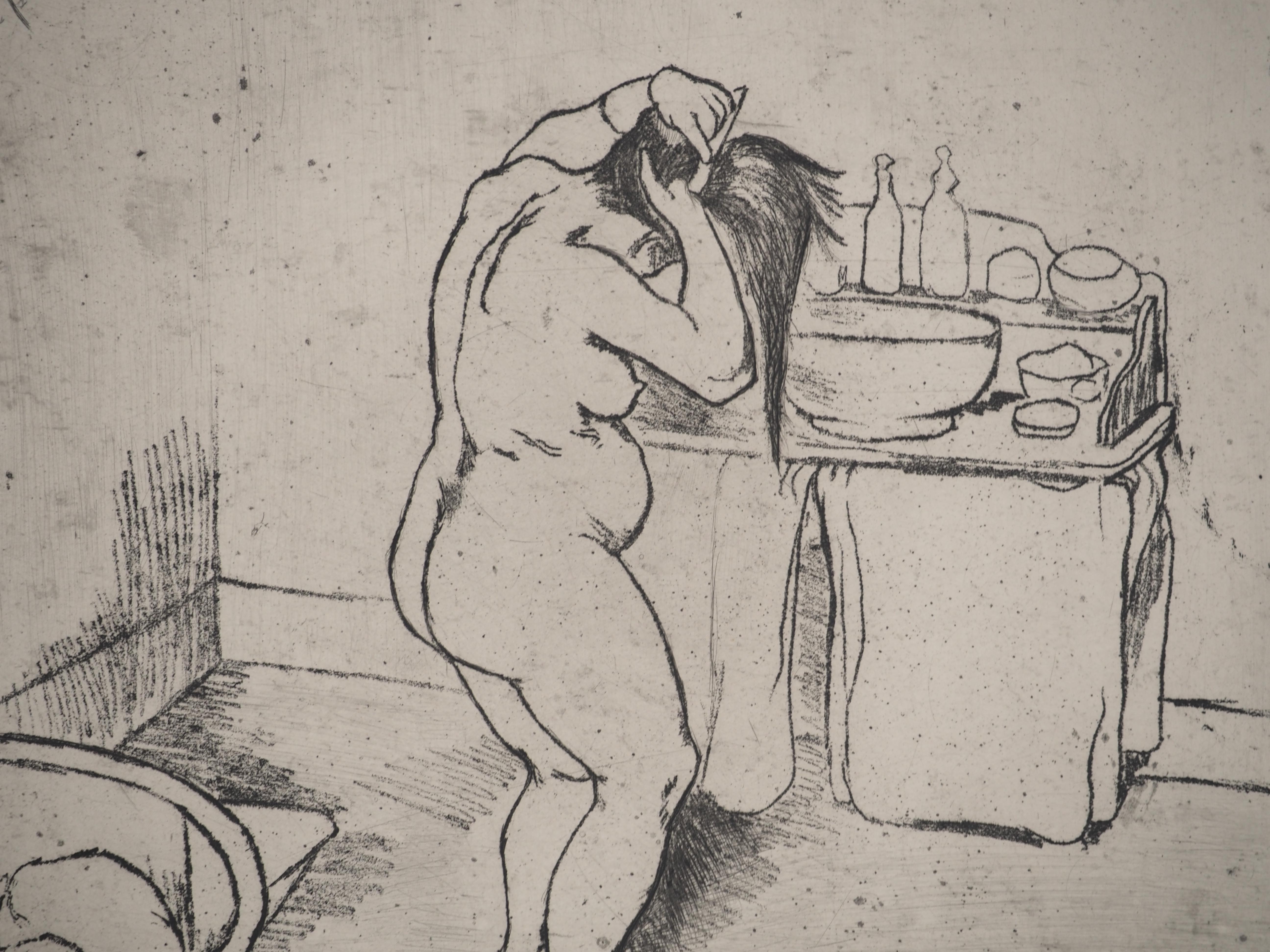 Nude Woman Doing her Hair -  Original Etching Signed (Petrides #E5) For Sale 1