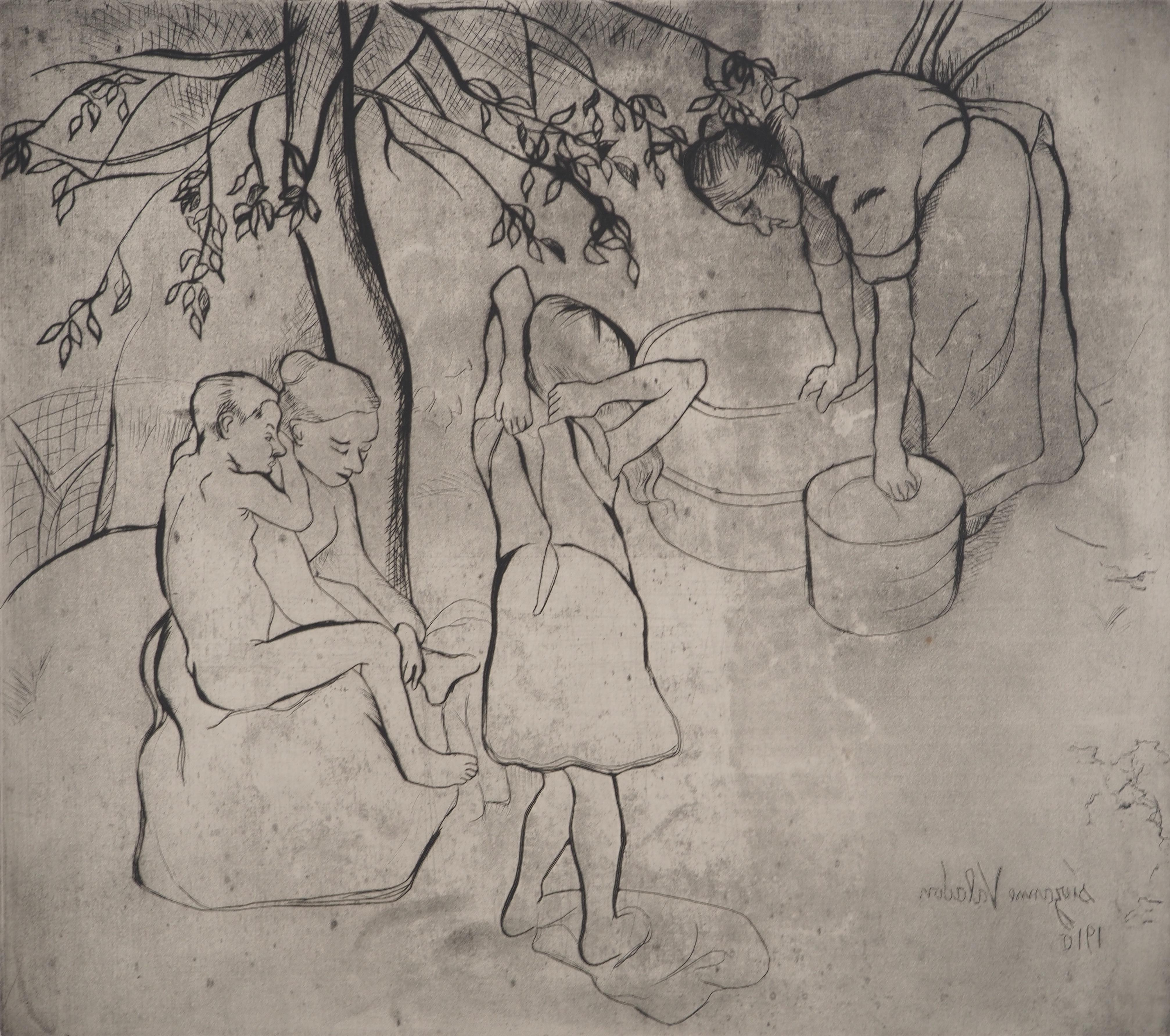 La toilette des enfants dans le jardin -  Gravure originale signée (Petrides #E19) - Marron Nude Print par Suzanne Valadon