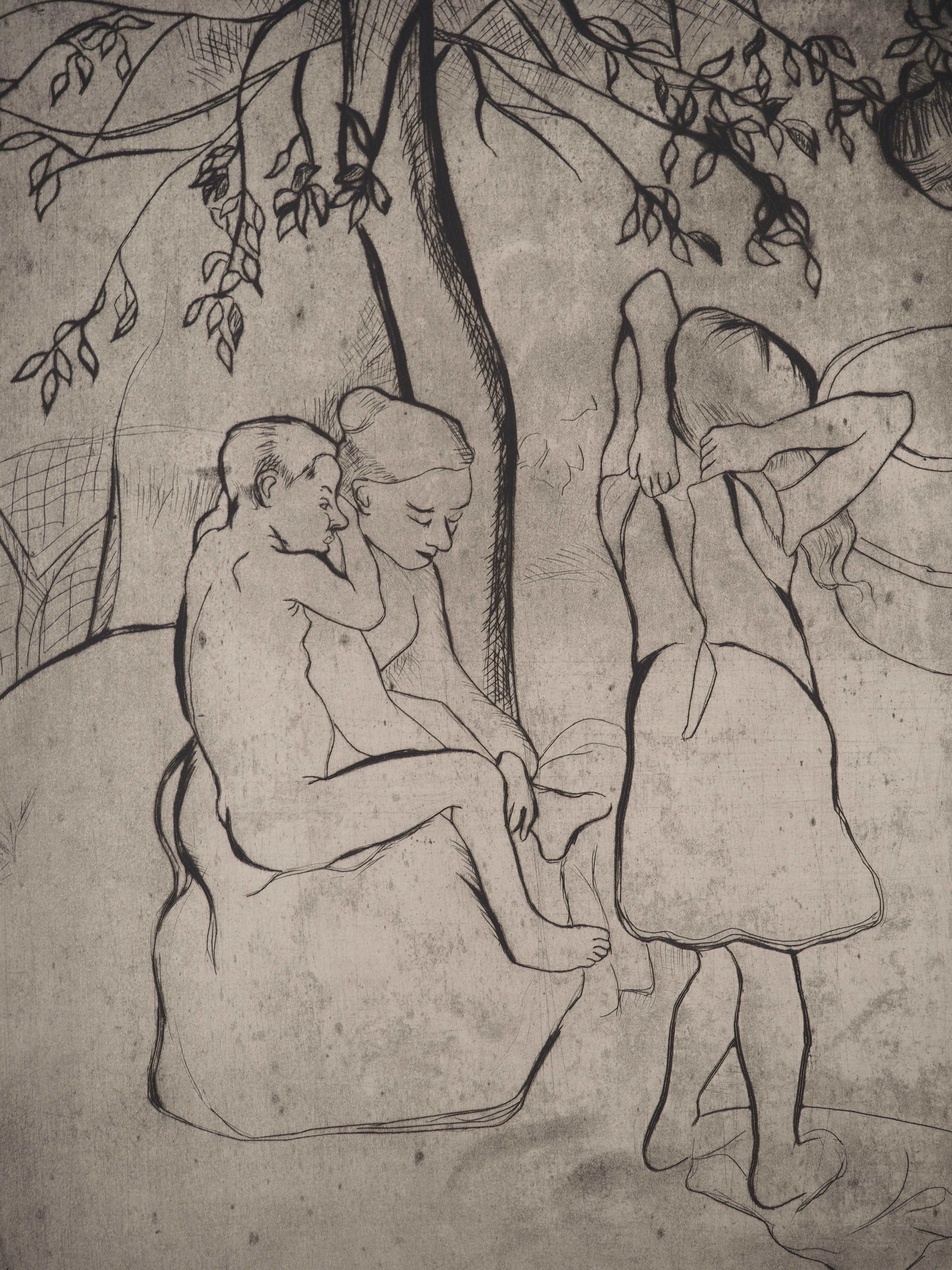 La toilette des enfants dans le jardin -  Gravure originale signée (Petrides #E19) en vente 1
