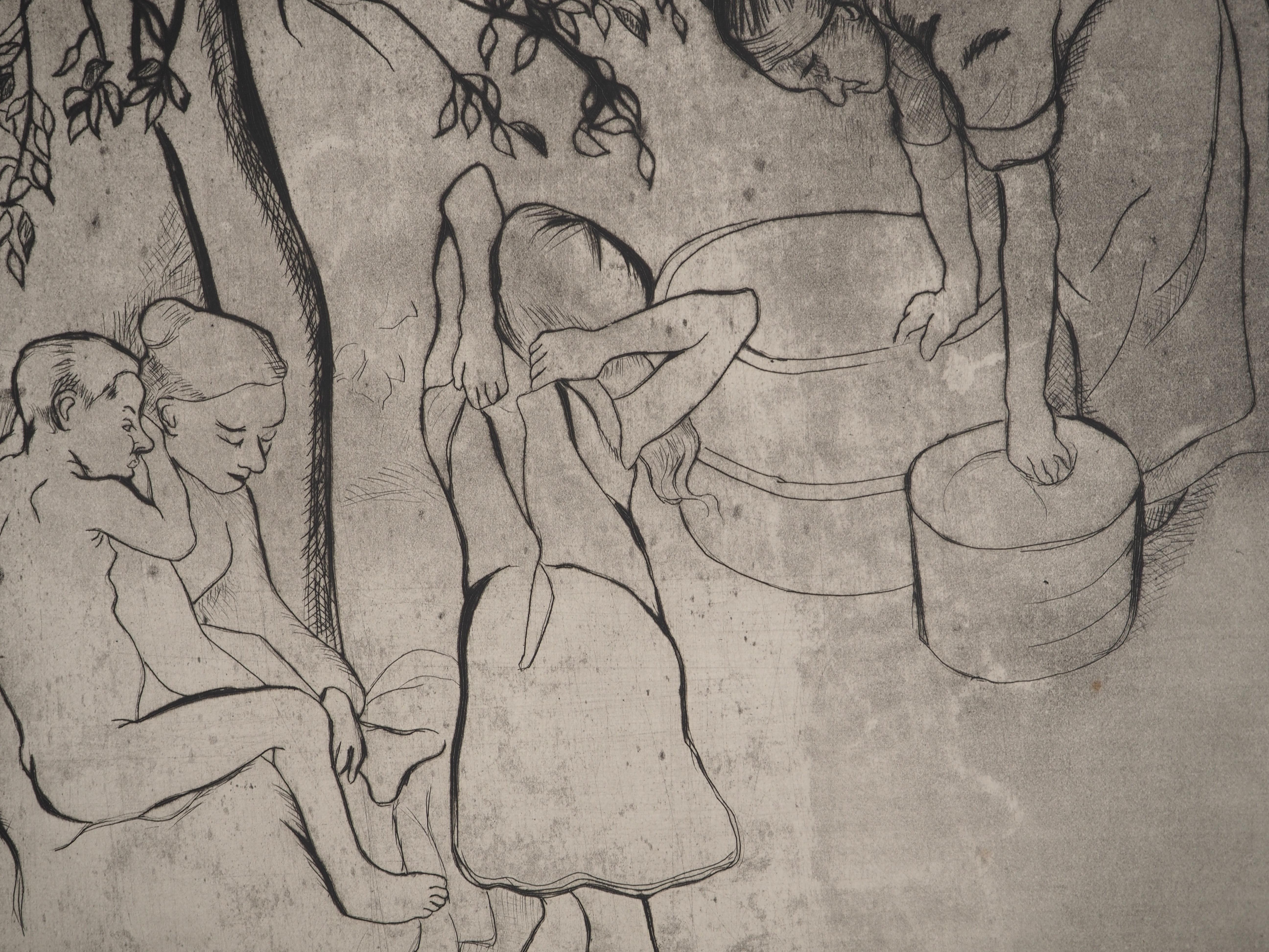 La toilette des enfants dans le jardin -  Gravure originale signée (Petrides #E19) en vente 2