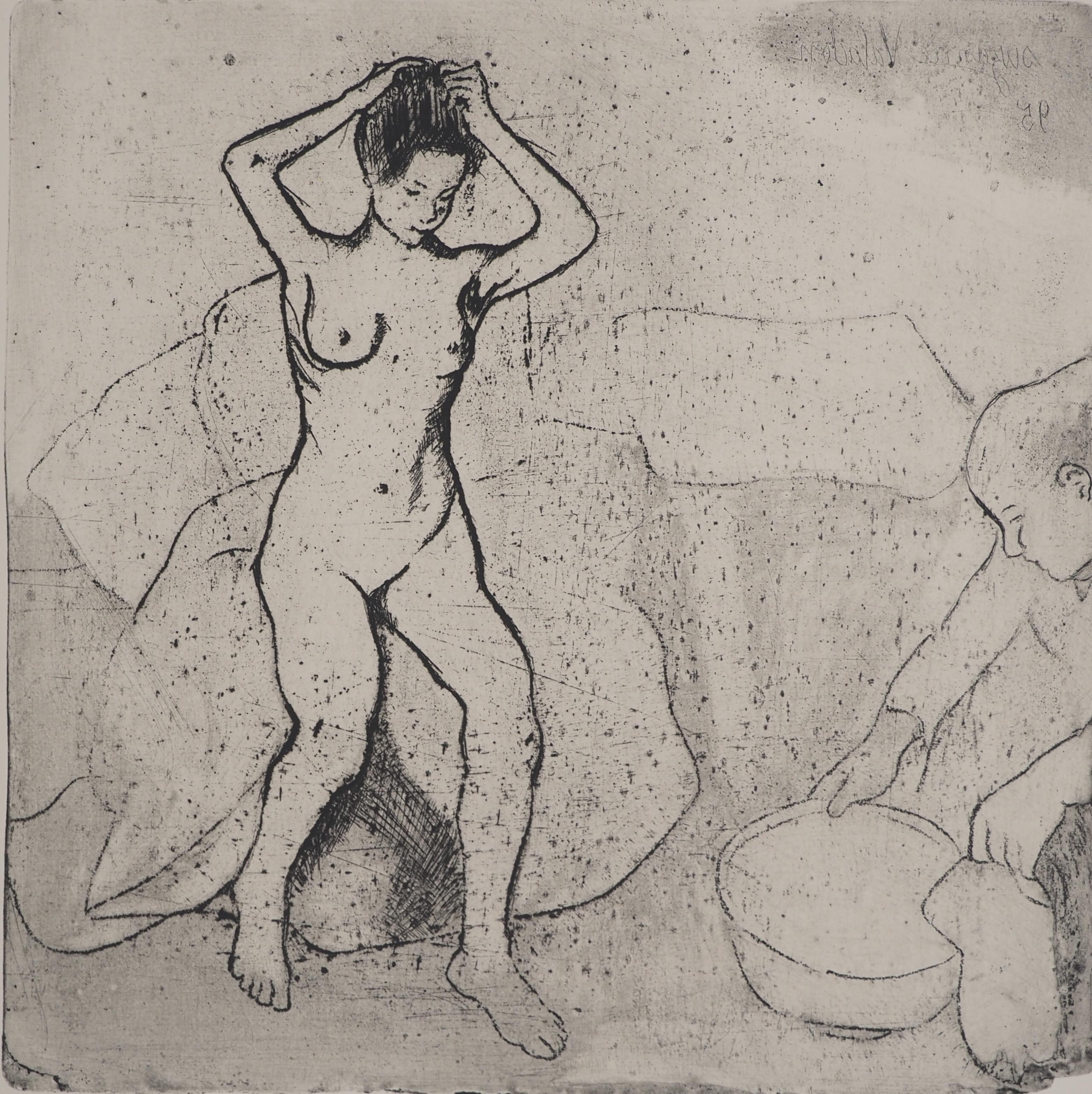 Two Naked Women in the Bathroom -  Original Etching Signed (Petrides #E7) - Gray Nude Print by Suzanne Valadon