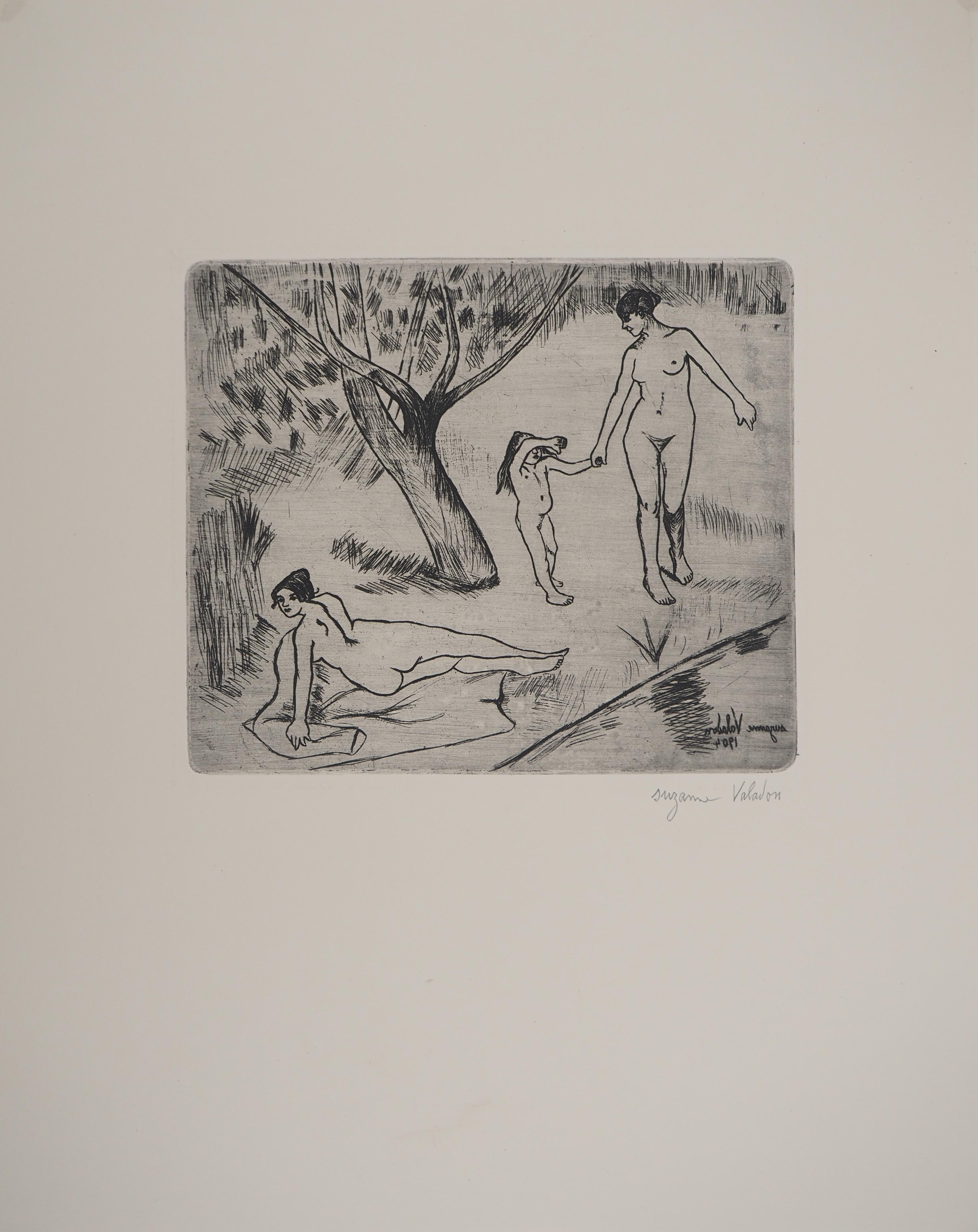 Women and Children by the River -  Original Etching Signed (Petrides #E6) - Gray Nude Print by Suzanne Valadon