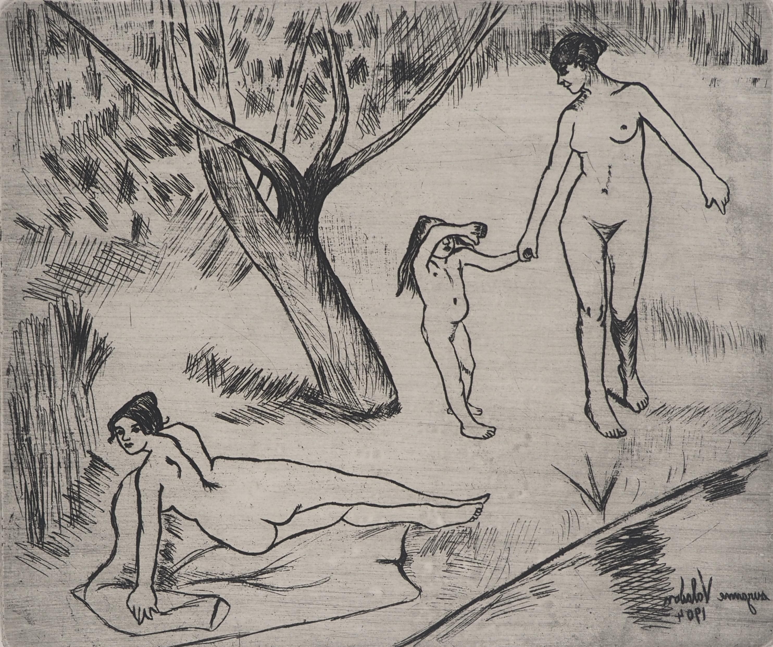 Women and Children by the River -  Original Etching Signed (Petrides #E6) For Sale 1