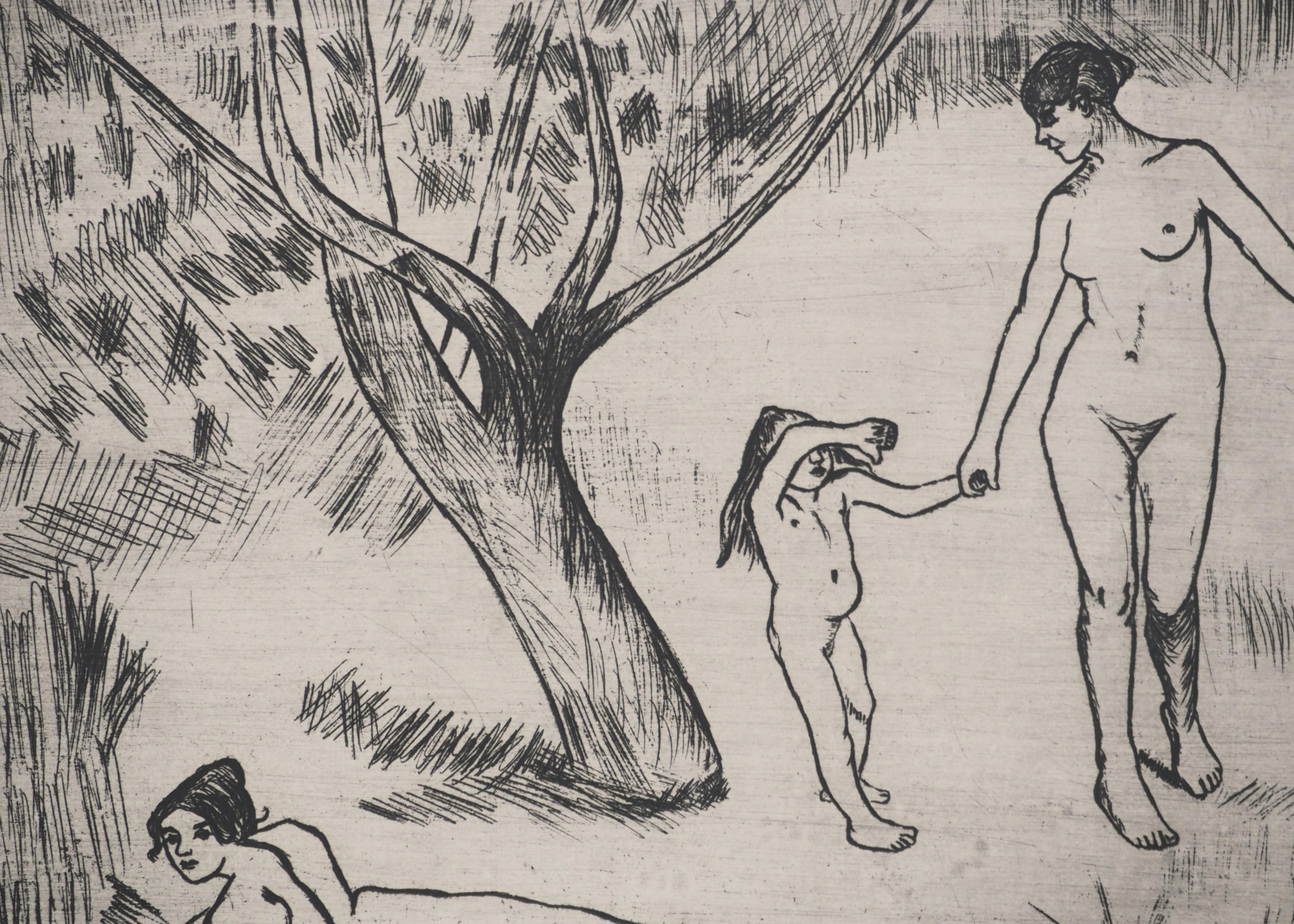 Women and Children by the River -  Original Etching Signed (Petrides #E6) For Sale 3
