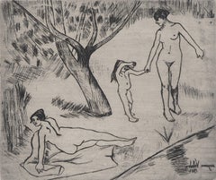 Femmes et enfants au bord de la rivière -  Gravure originale signée (Petrides #E6)
